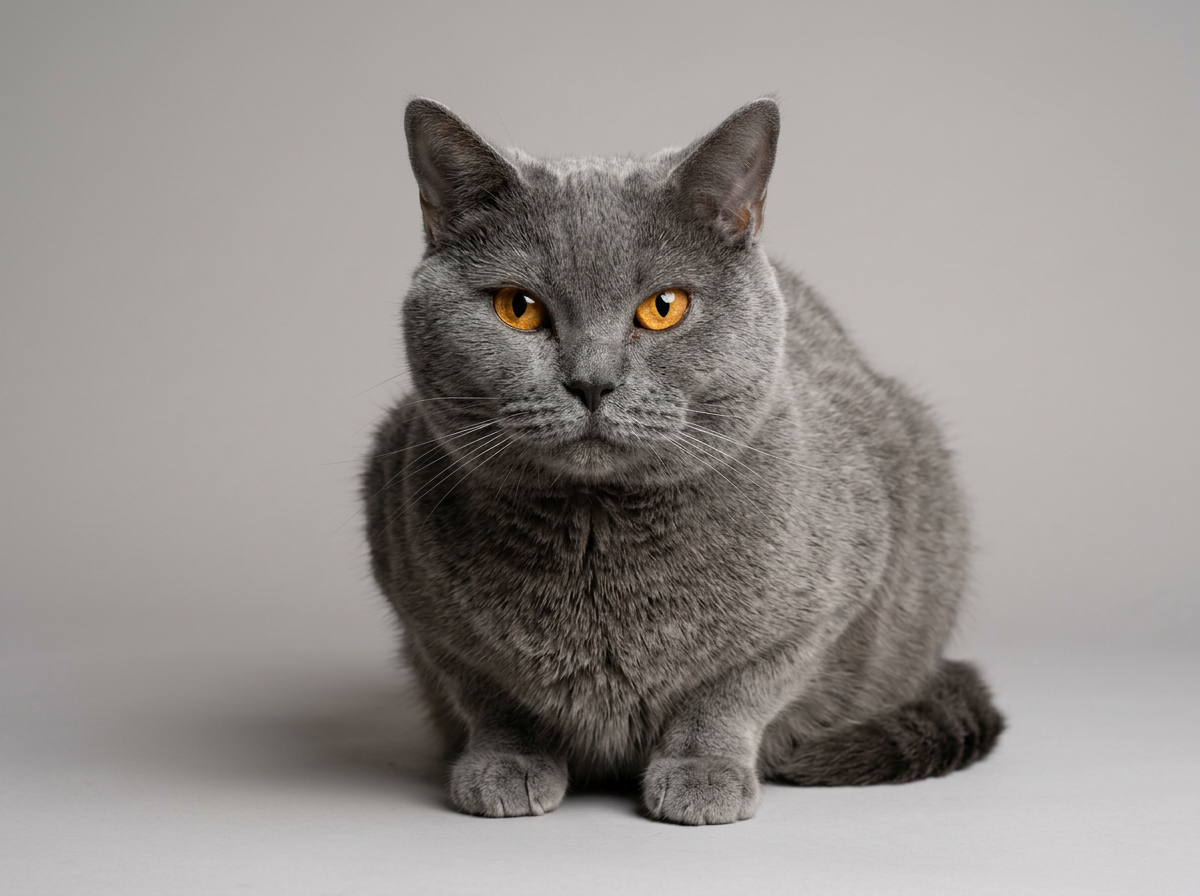 Un chat gris assis sur un fond gris clair.