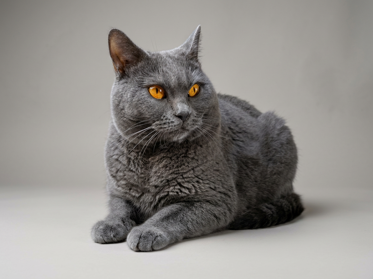 Chat gris couché avec yeux orange sur fond neutre