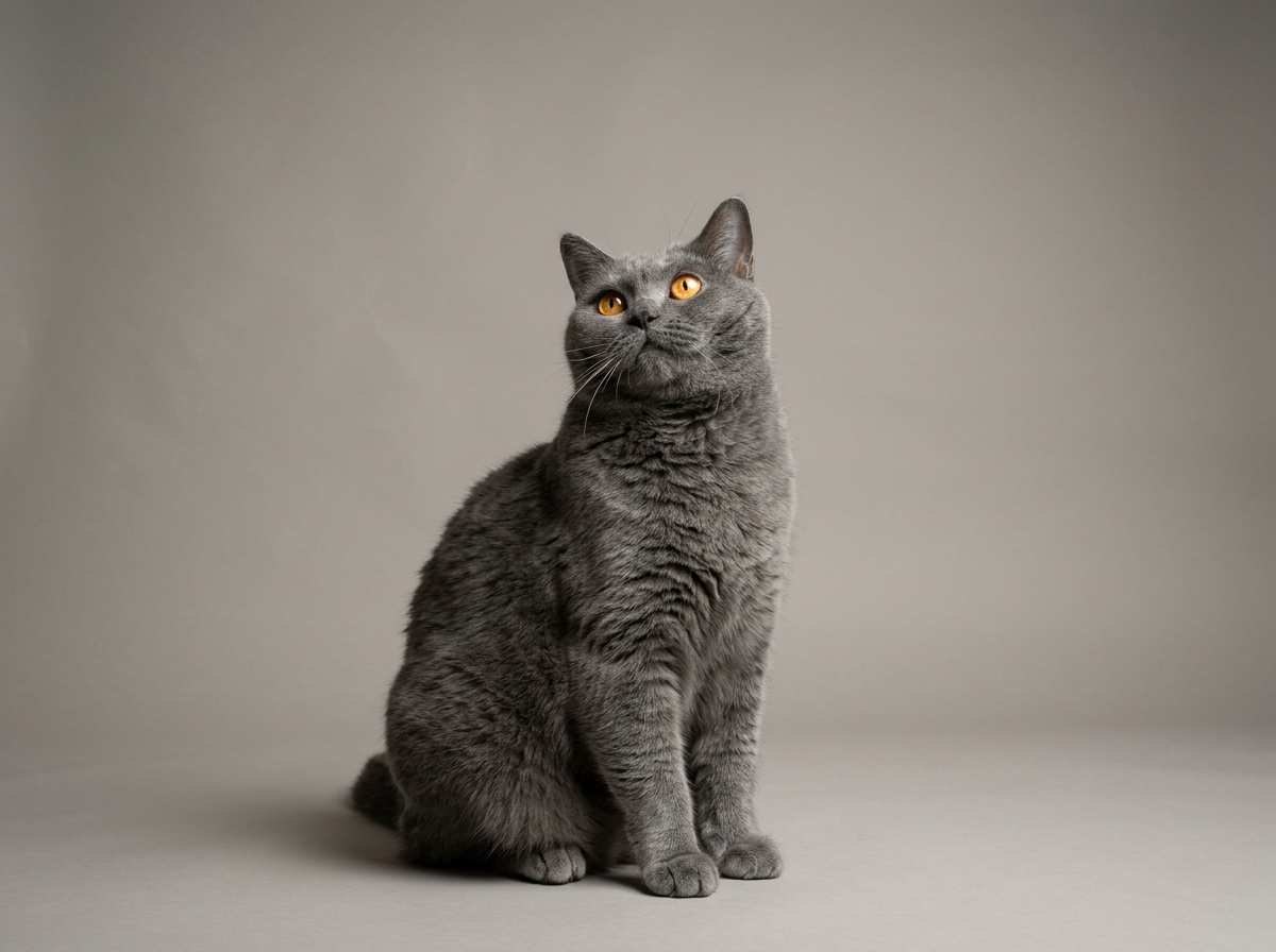 Un chat gris assis sur un fond neutre, regardant vers la droite.