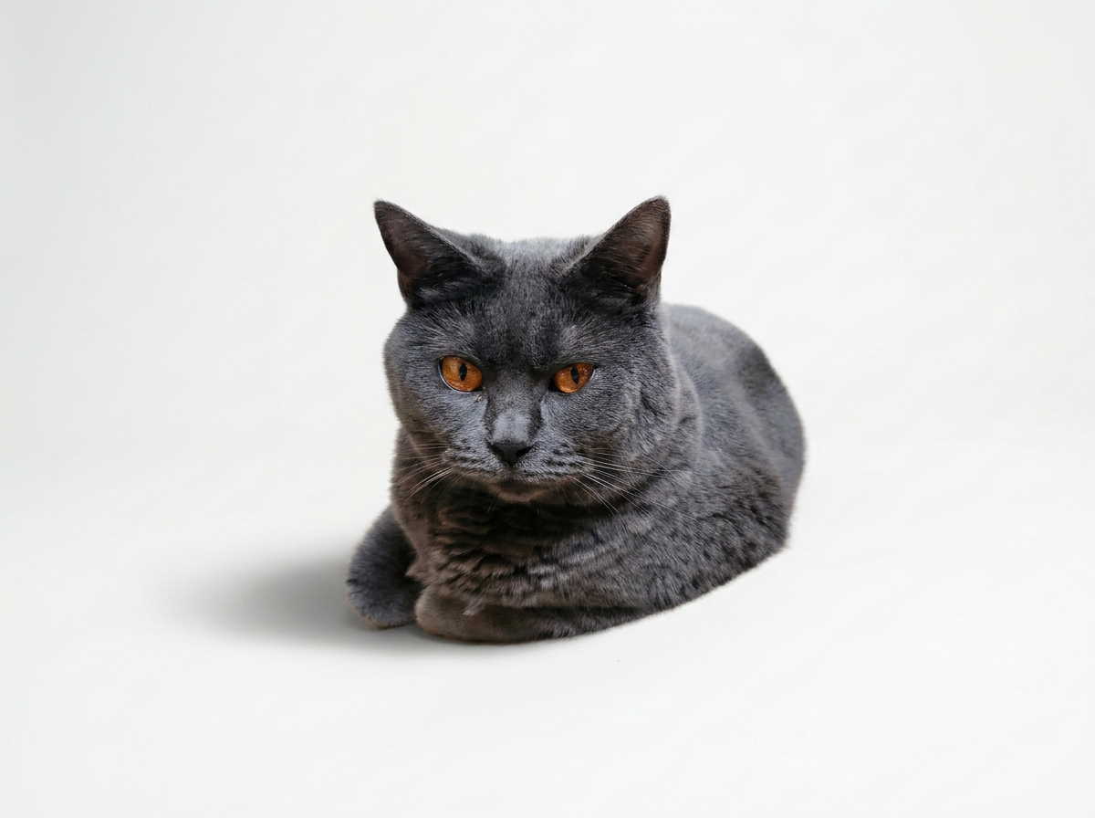 Chat gris à yeux orange, couché sur un fond blanc