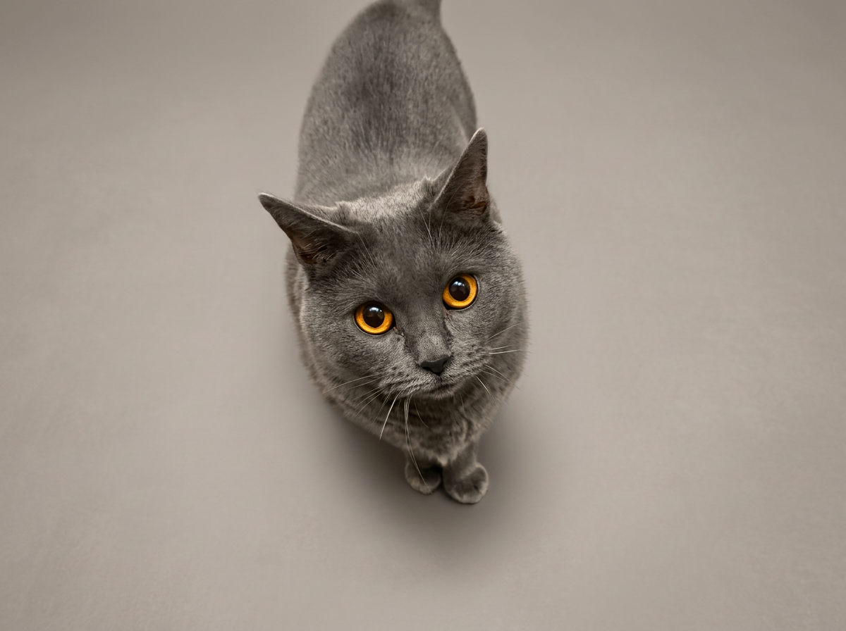 Chat gris à yeux oranges regardant vers le haut, photographié de dessus, sur un fond gris clair.