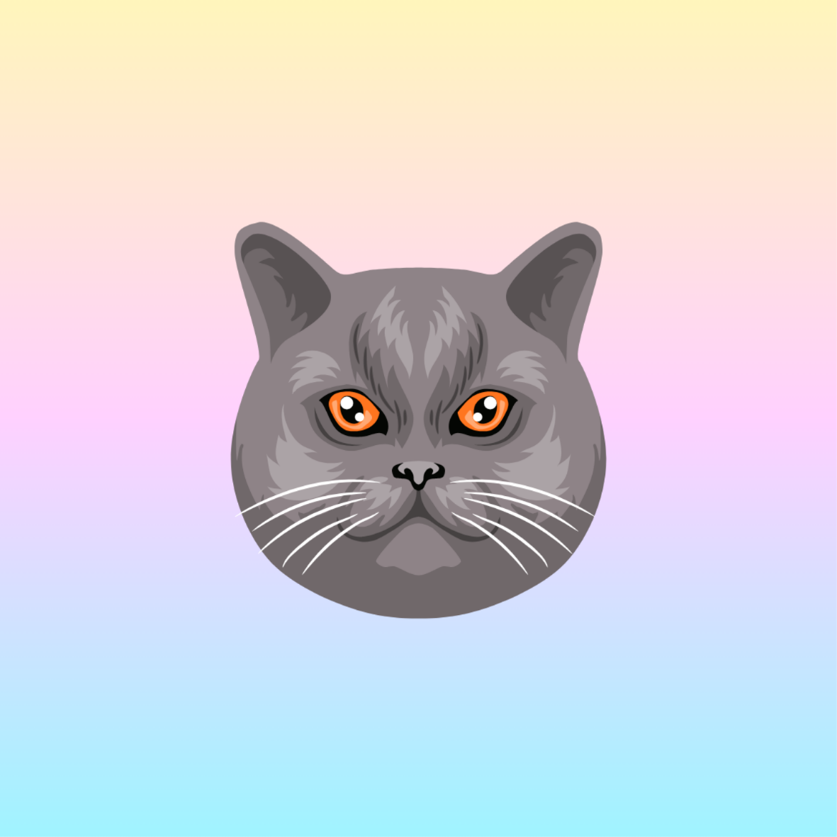 Illustration d'une tête de chat gris avec des yeux orange, fond dégradé pastel