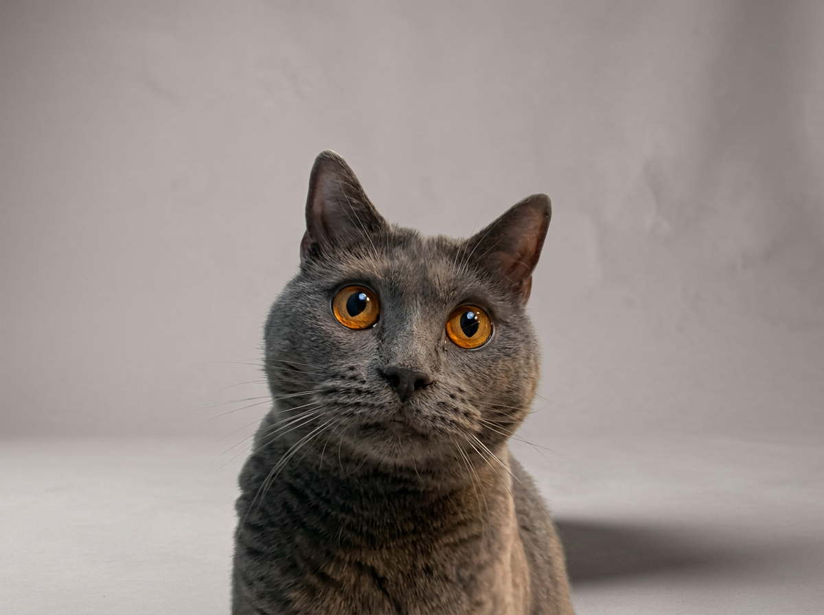 Un chat gris aux yeux orange foncé, regardant devant lui, avec un fond gris clair.