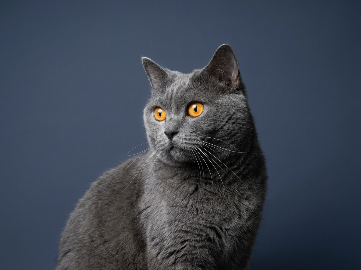 Chat gris aux yeux orange clair, regardant vers la gauche, avec un fond bleu foncé.