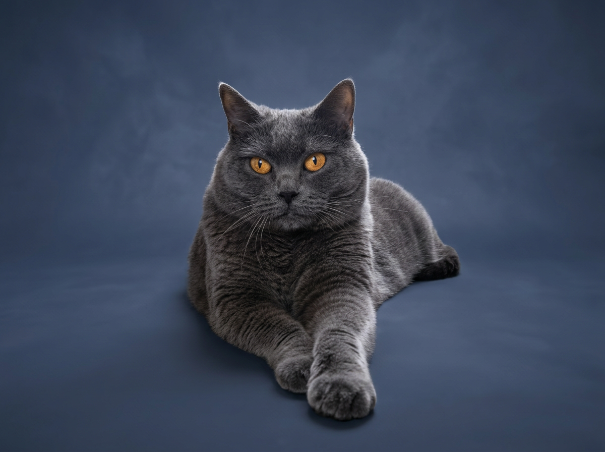 Un chat gris allongé sur un fond bleu foncé, regardant l'objectif avec des yeux jaunes.