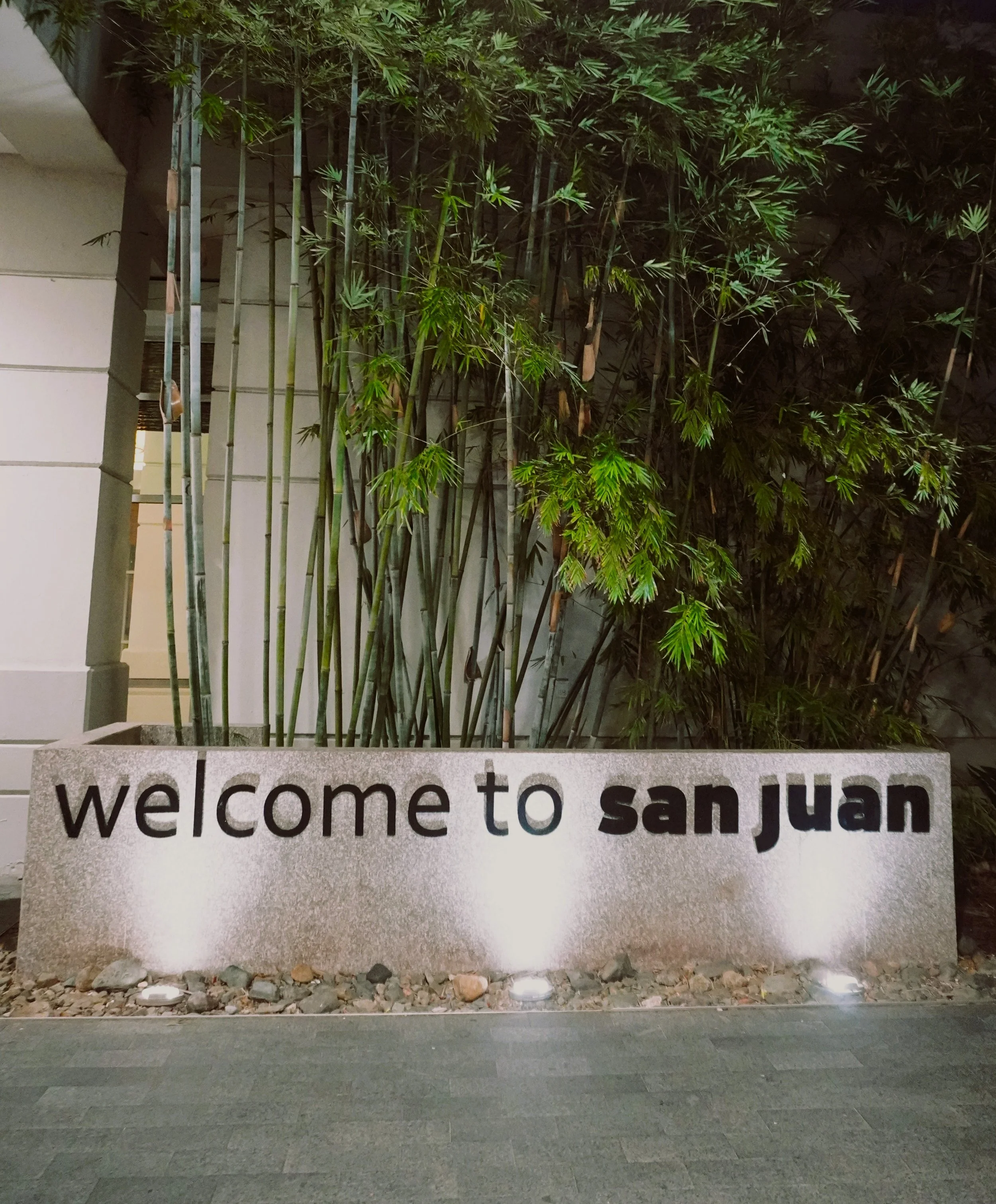 A stone sign with black lettering says 'welcome to sanjuan', in front of a small garden with rocks and plants, illuminated by ground lights, with part of a building wall and bamboo plants in the background.