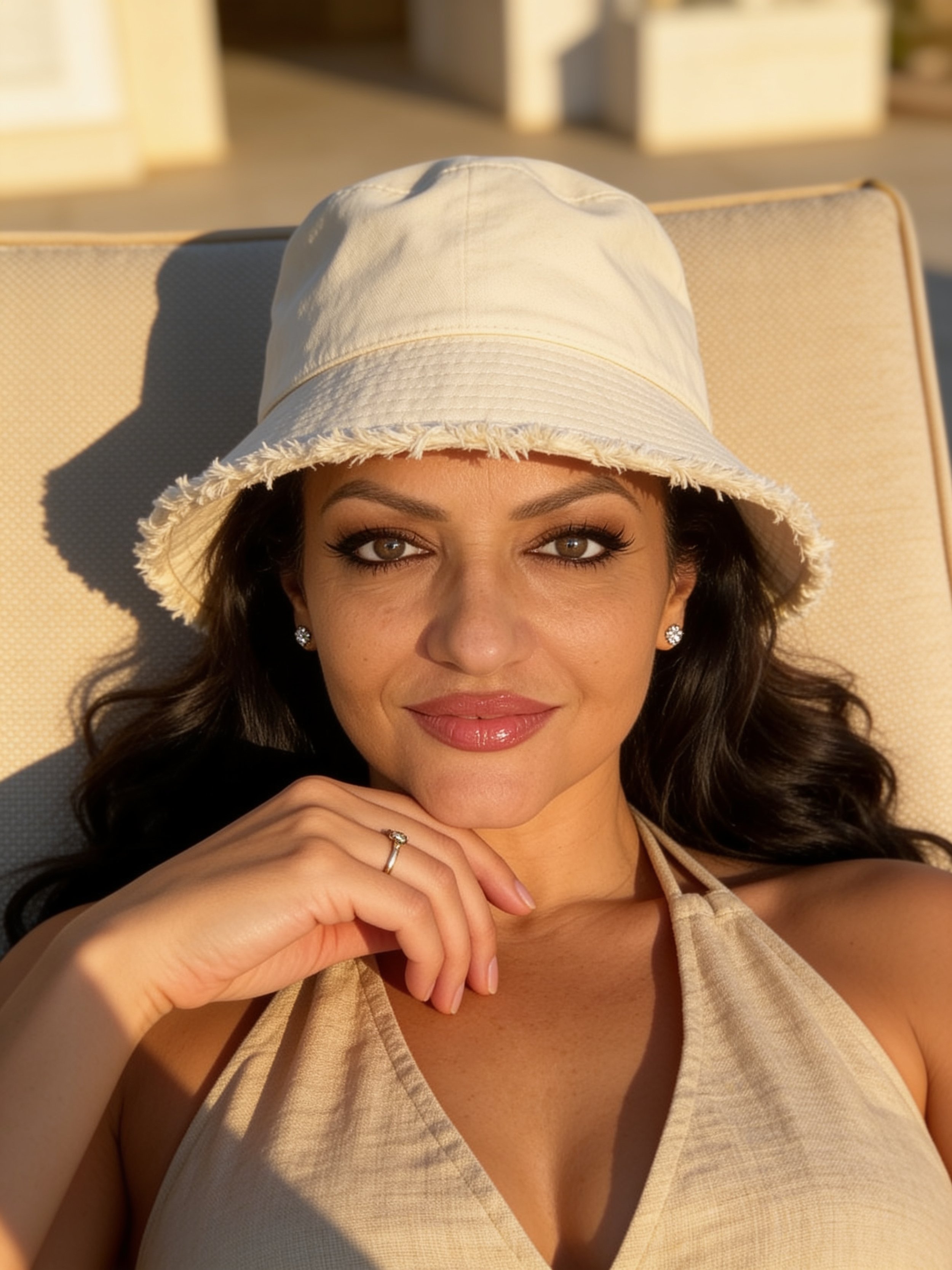 A woman with brown hair and brown eyes lying on a cushioned surface, wearing a beige hat and top, with a ring and earrings, bathed in warm sunlight.