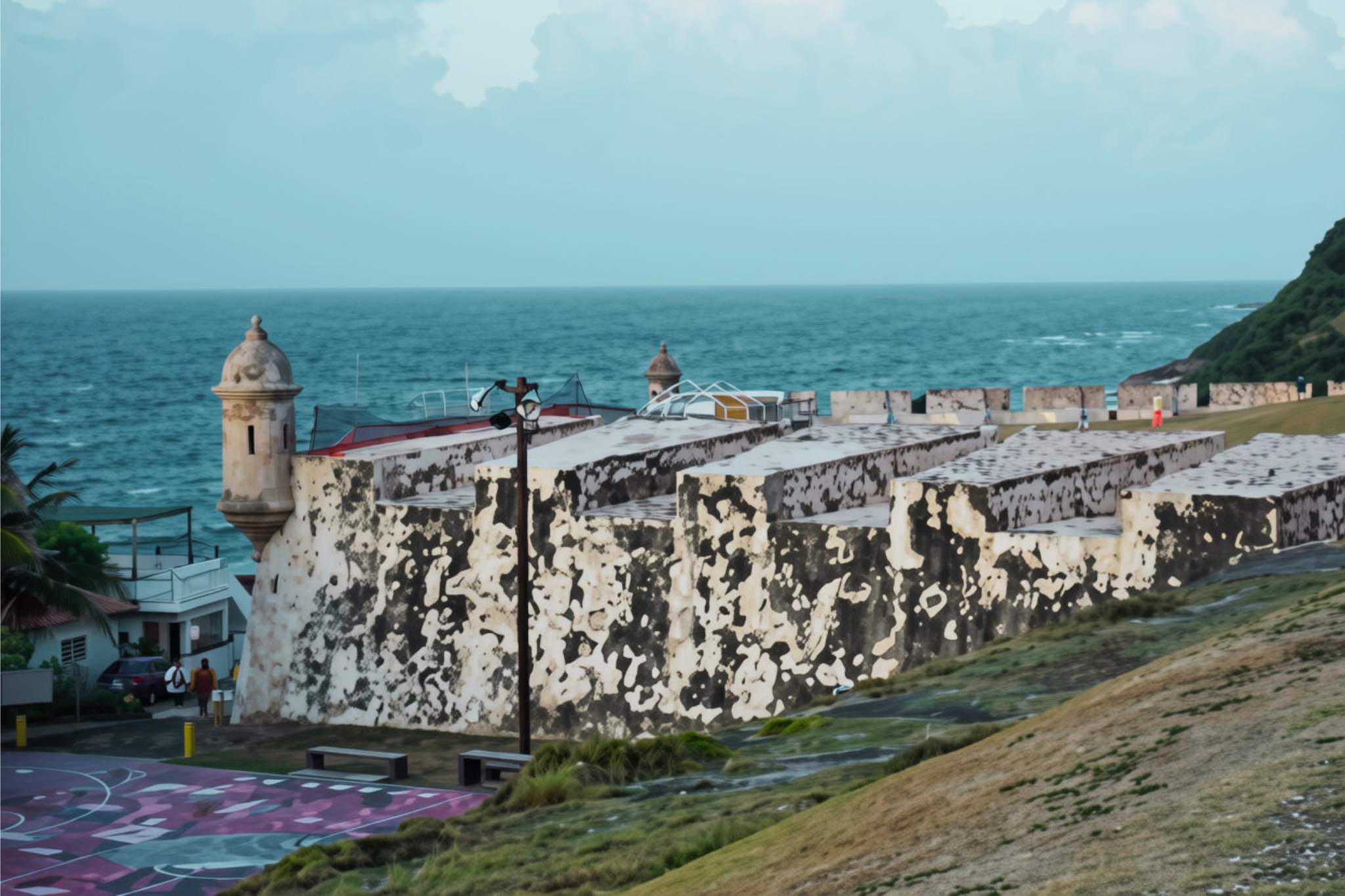 Historic fortress wall overlooking the ocean with a lighthouse and a hill in the background, a playground and parking lot in the foreground.