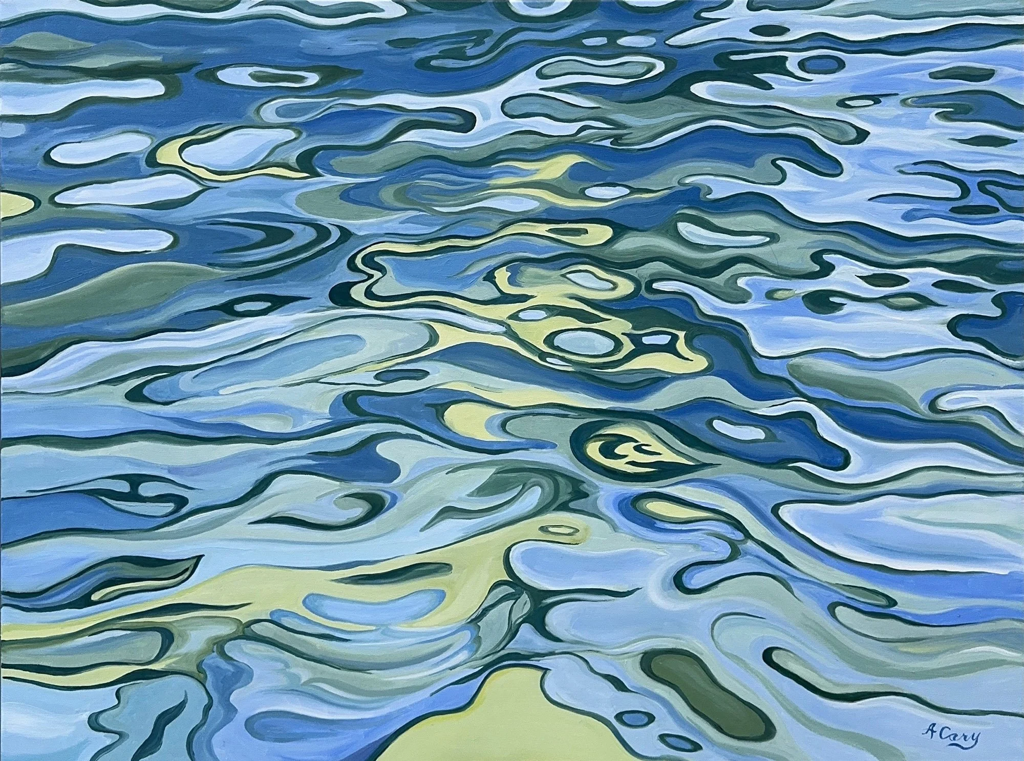 A painting of water with blue, green, and white swirling patterns and reflections.
