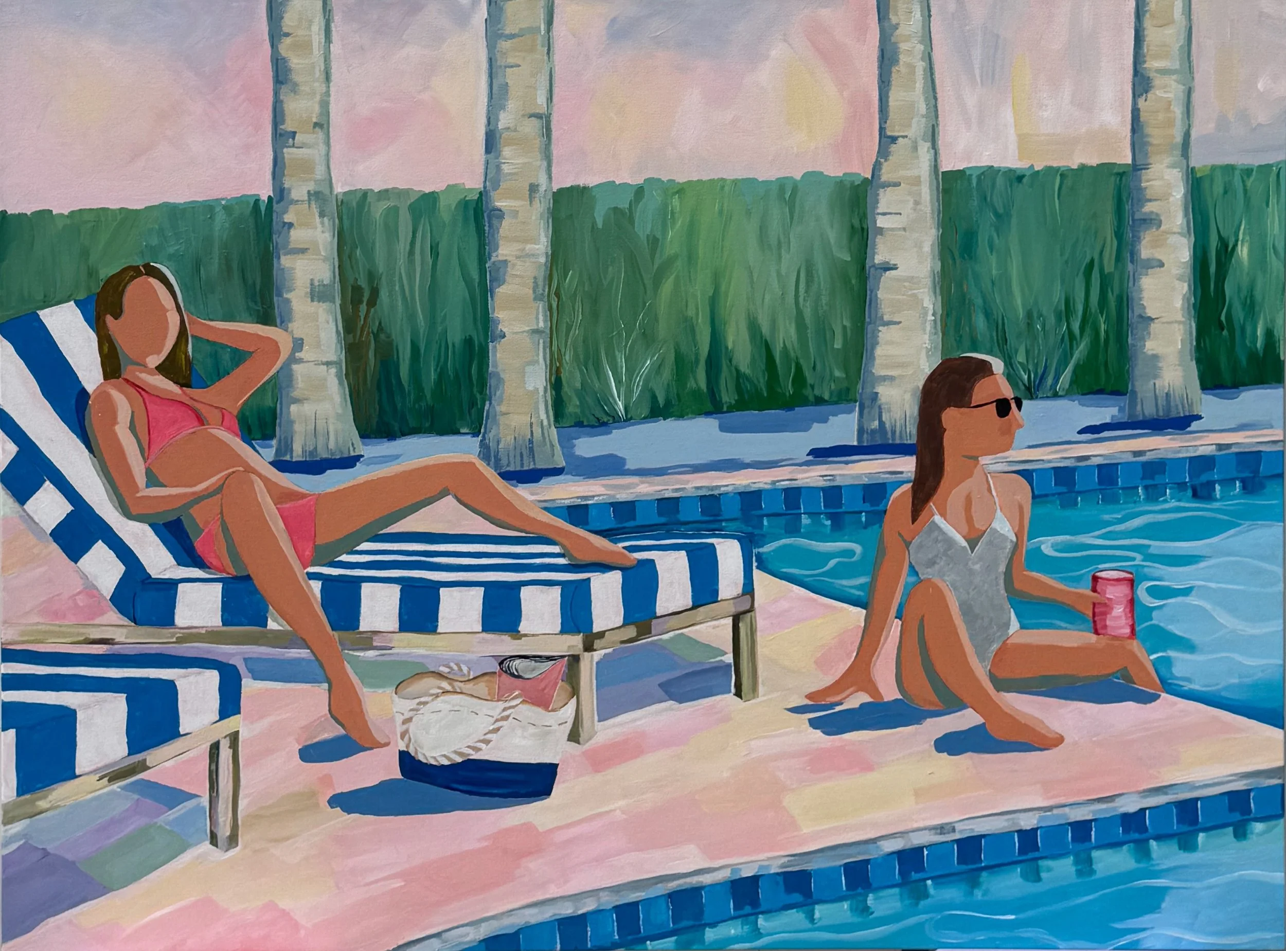 A colorful painting showing two women relaxing by a poolside, with a green hedge, trees, and a pink sky in the background.