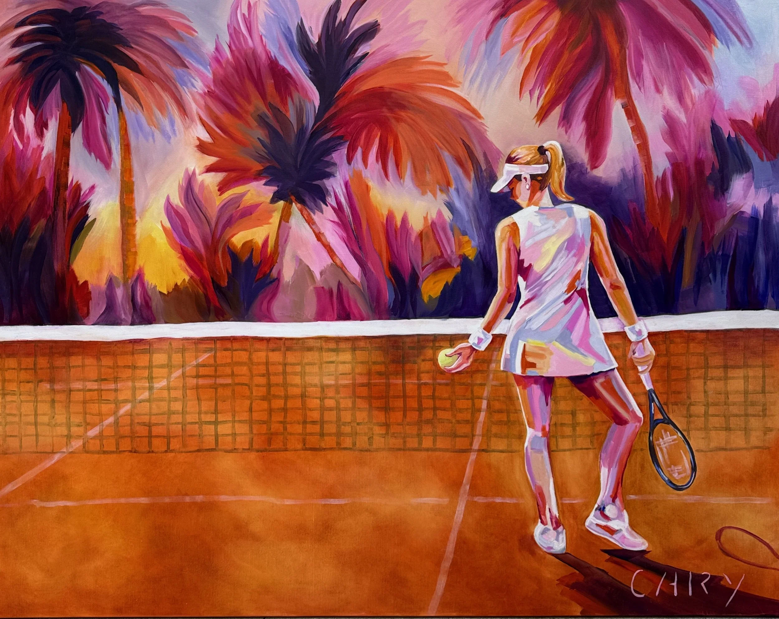 girl holding tennis ball on orange court, about to serve