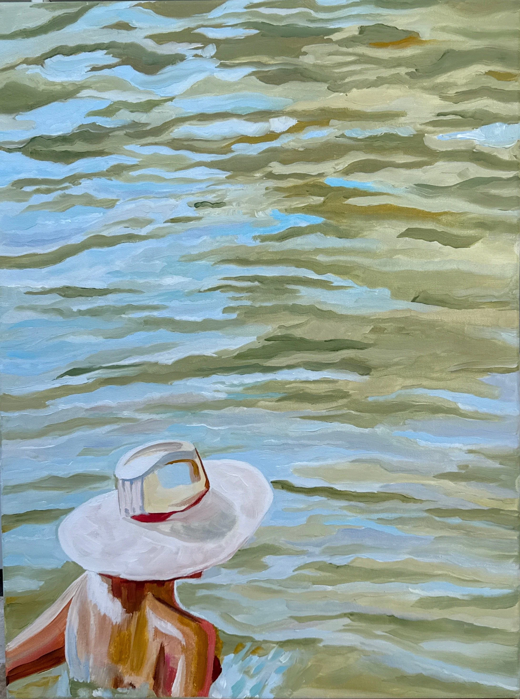 A person standing in water with their back to the camera, wearing a white sun hat, with their head and shoulders visible above the water, reflecting ripples on the water's surface.