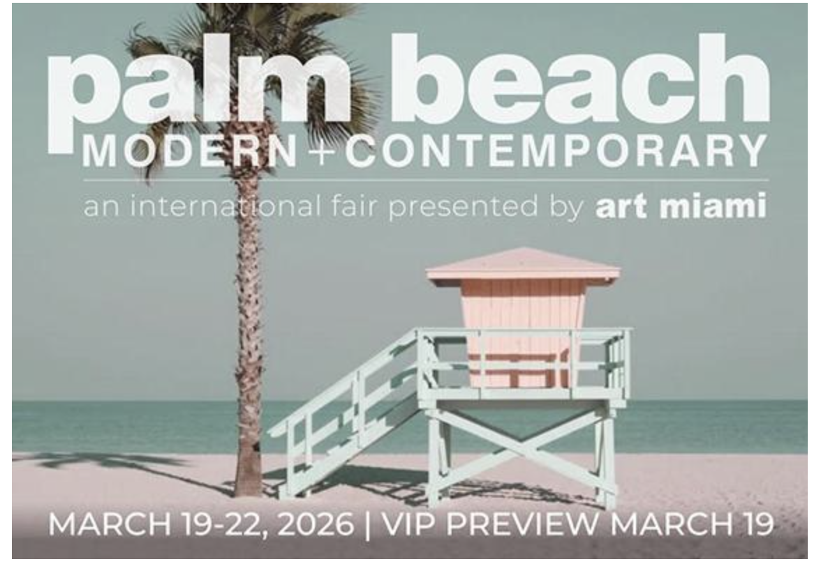 Poster promoting Palm Beach Modern + Contemporary art fair, featuring a photograph of a lifeguard tower next to a palm tree on a beach, with text about the event dates and preview.