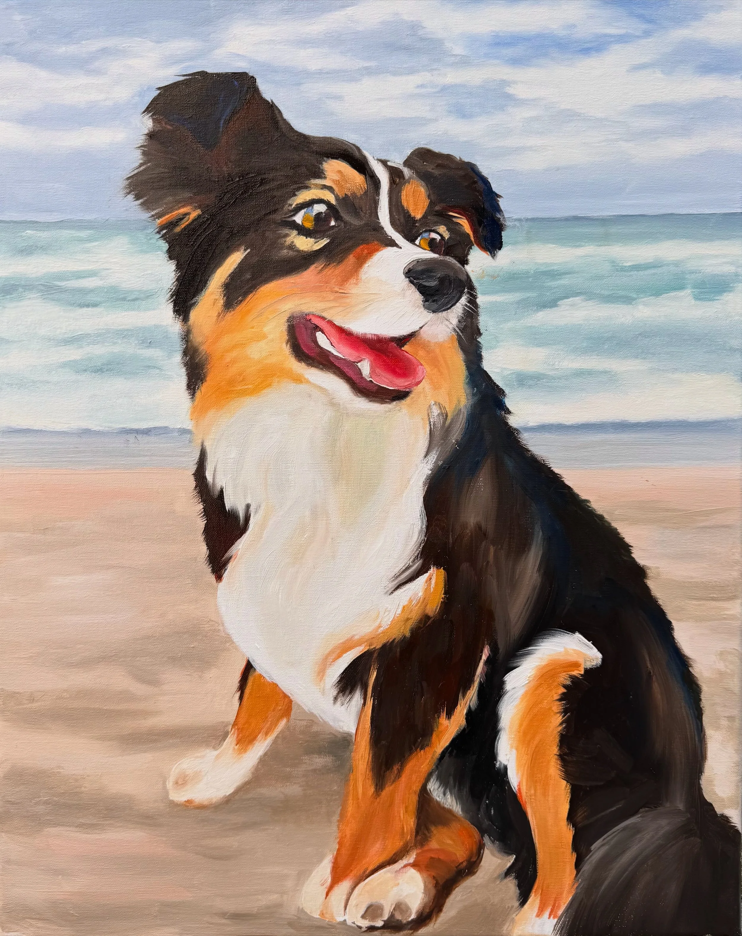 A painting of a smiling Bernese Mountain Dog puppy sitting on a beach with the ocean and sky in the background.
