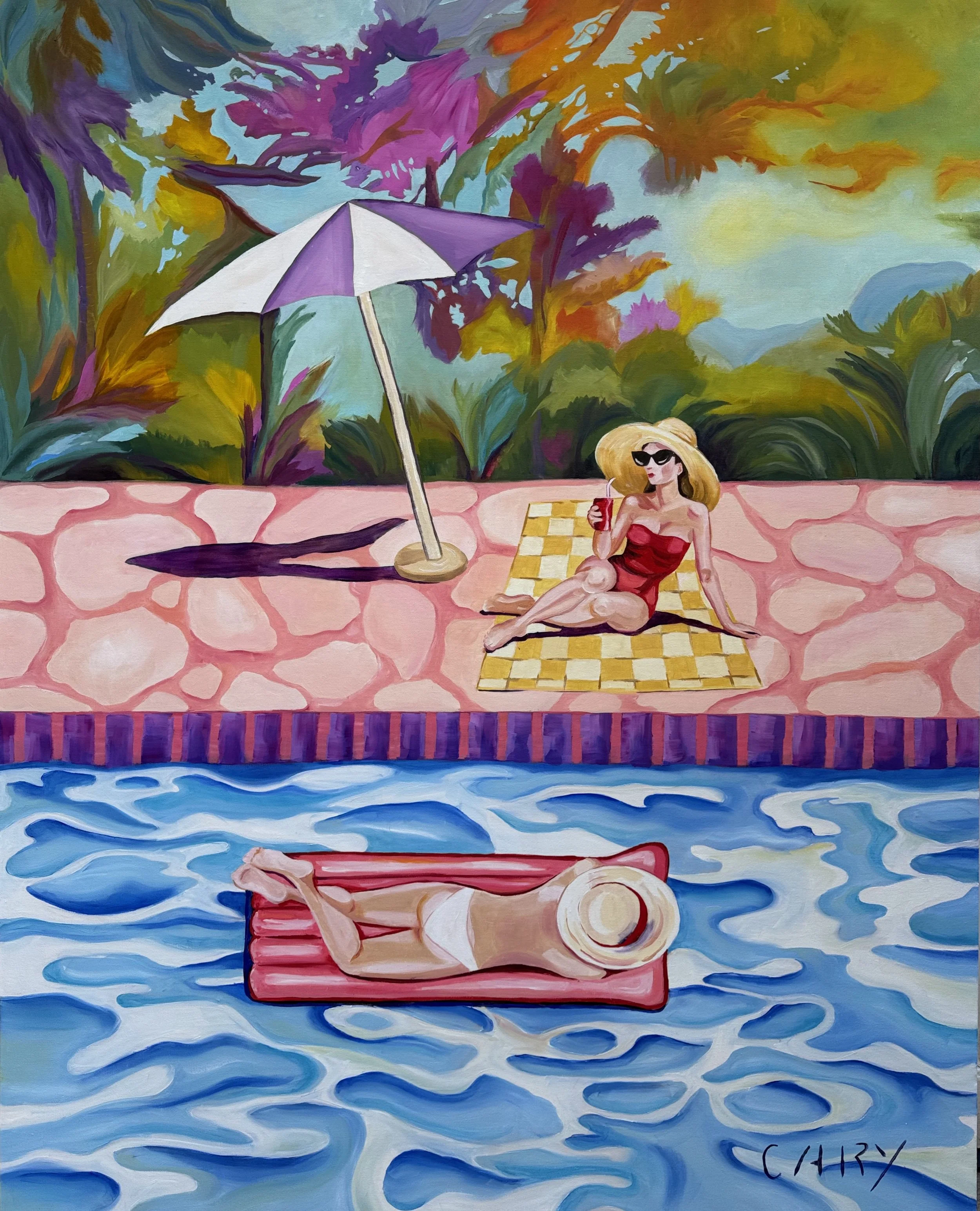 Woman in red suit uynder umbrella, woman on float in pool
