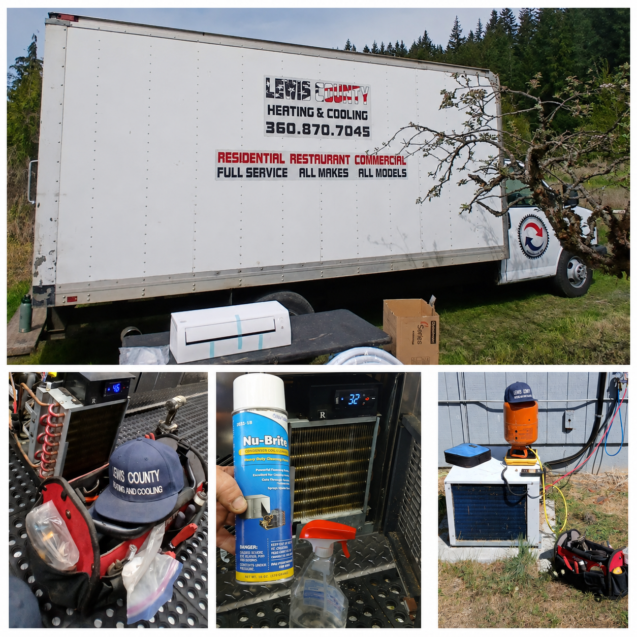 A mobile HVAC service truck parked outdoors with equipment for heating and cooling repairs. The truck has signs indicating it serves residential, restaurant, commercial, and industrial clients, with contact information. Inside, there's a technician's cap labeled 'Lewis County Heating and Cooling,' refrigerant gauges, a can of Nu-Brite cleaner, and tools stored in bags. Nearby, an air conditioning unit and a small refrigeration system are being worked on, with tools and supplies around.