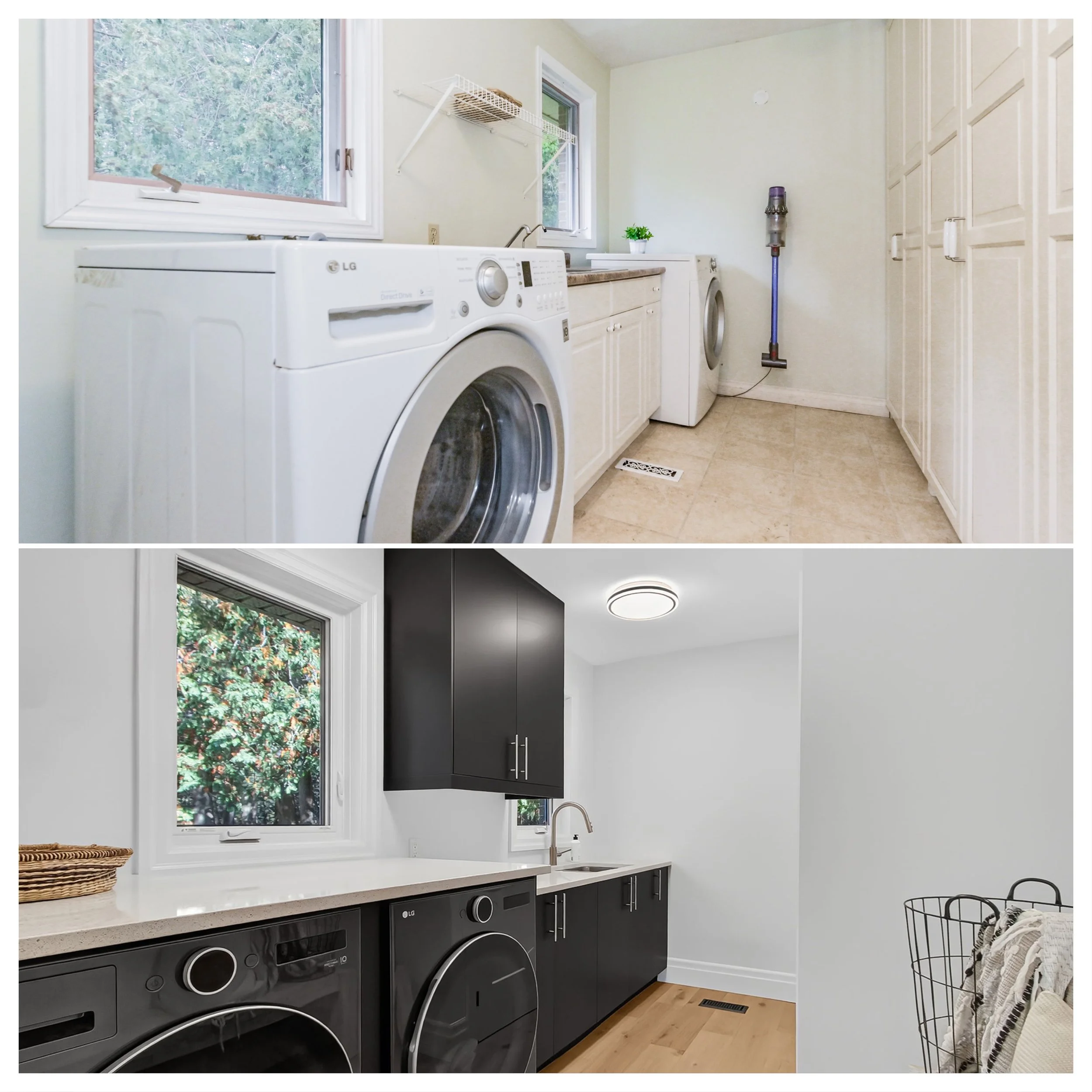 Modern laundry room with large window, black cabinetry, washer and dryer, countertop, and a small plant, in daytime.