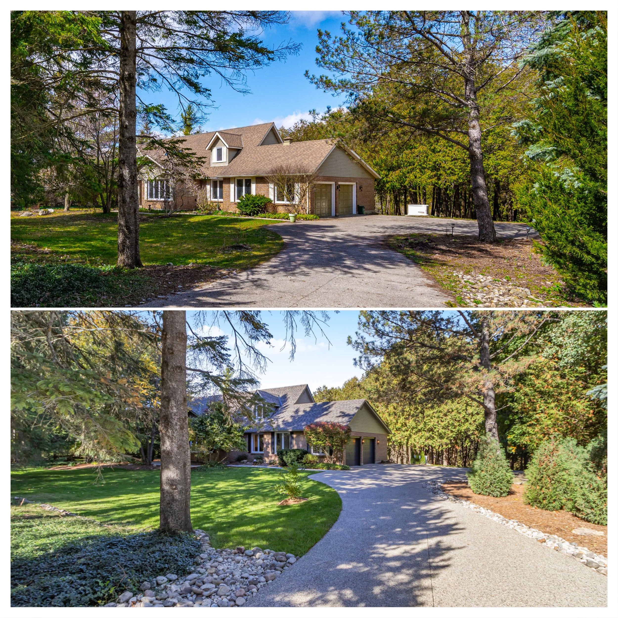 A two-story house with a gabled roof is surrounded by large trees and a well-maintained yard. The driveway curves towards the garage, with a green lawn and landscaped areas on either side.