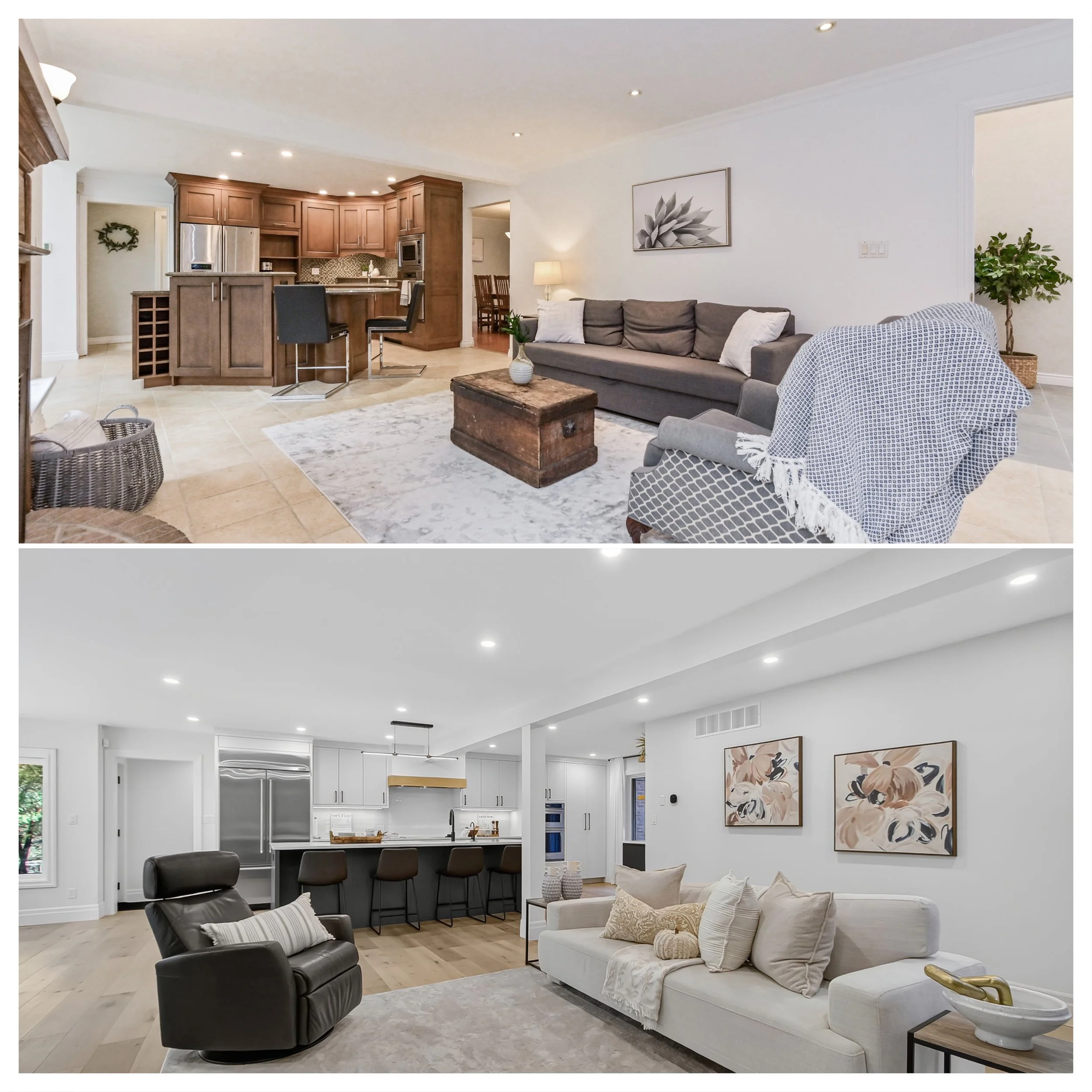 A spacious living room with white walls, wooden floors, a large gray sofa with pillows, two black armchairs, and a white loveseat. There are paintings on the wall, a wooden trunk used as a coffee table, and a small side table with decorative items. T