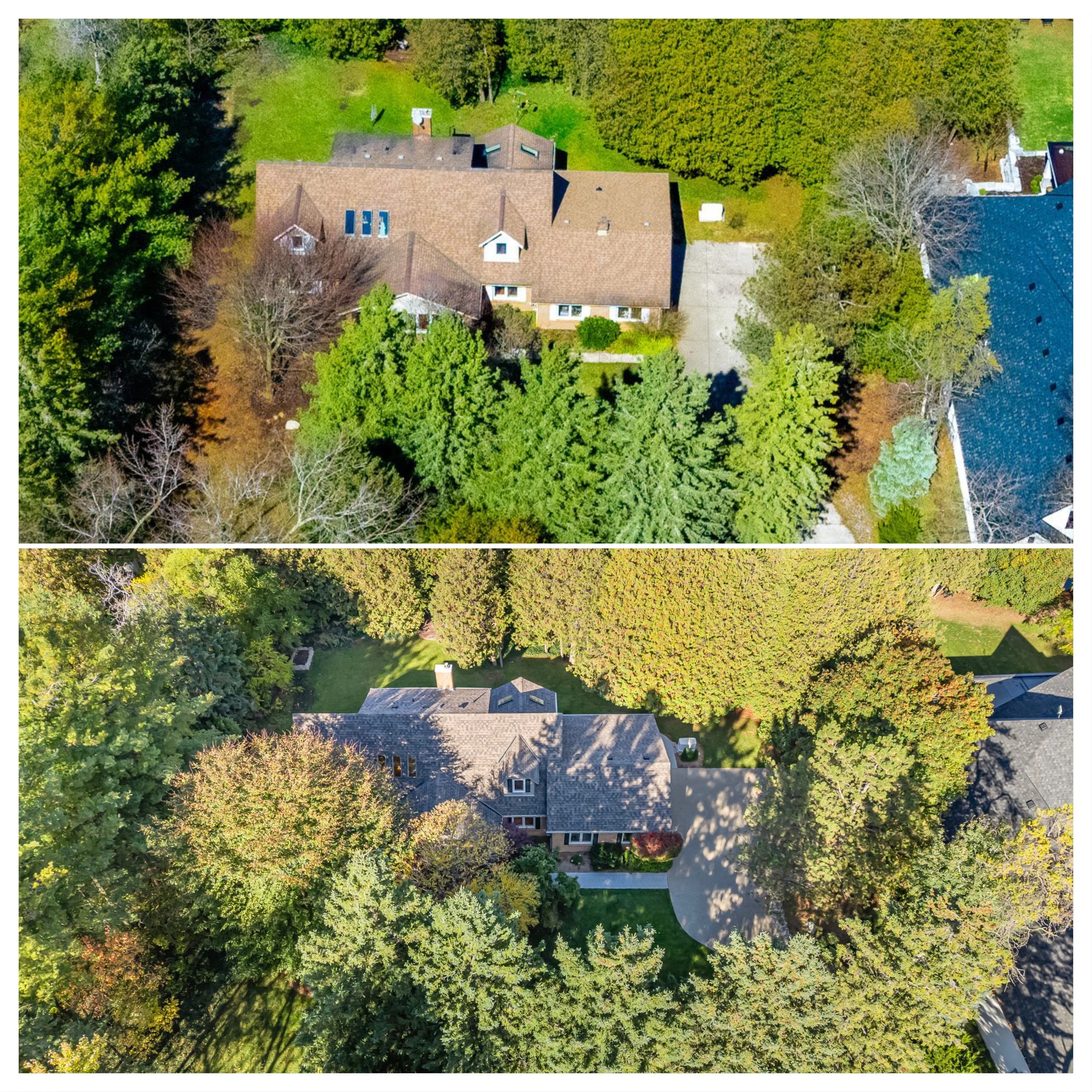 Aerial view of a residential neighborhood with trees, houses, yards, and a driveway, surrounded by greenery.