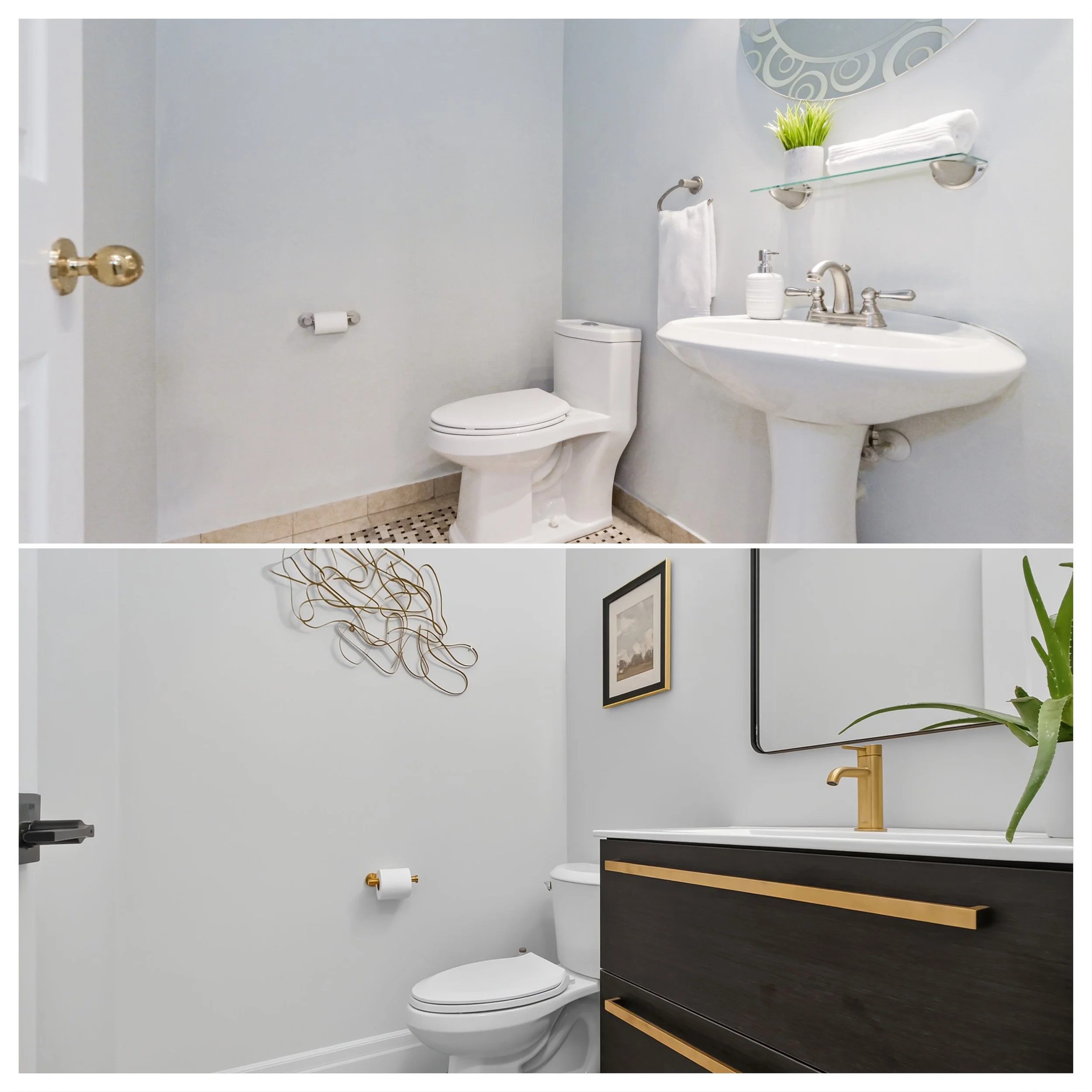 Modern bathroom with a white toilet, dark wood vanity with gold accents, and a white sink with gold faucet. Wall-mounted glass shelf with a potted plant and towels. Round mirror above the sink, gold fixtures, and decorative art on the wall. Light-col