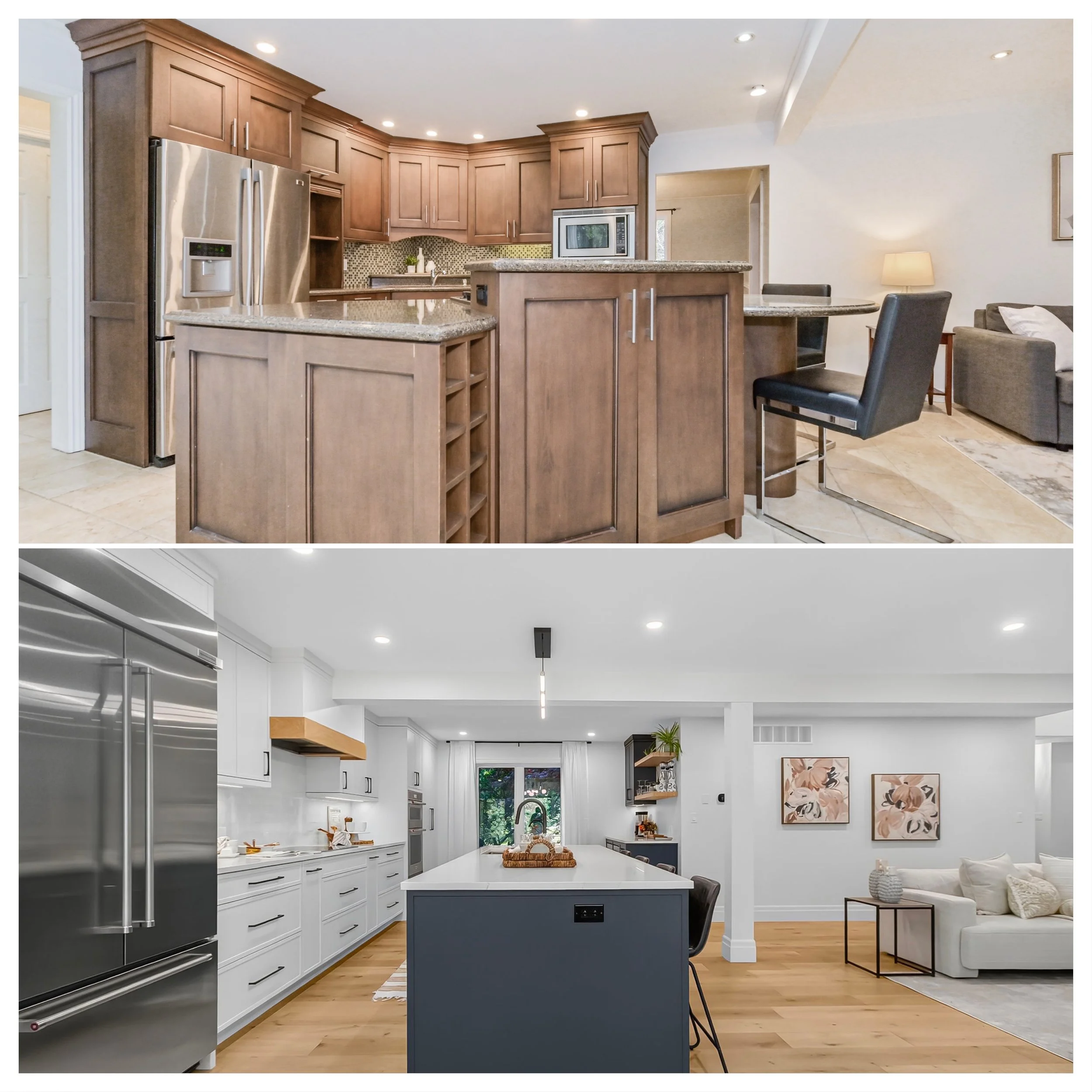 Modern kitchen with white cabinetry, stainless steel appliances, and a large island with a blue base. There are black chairs around the island, and the space opens into a living area with artwork on the walls and a beige sofa.