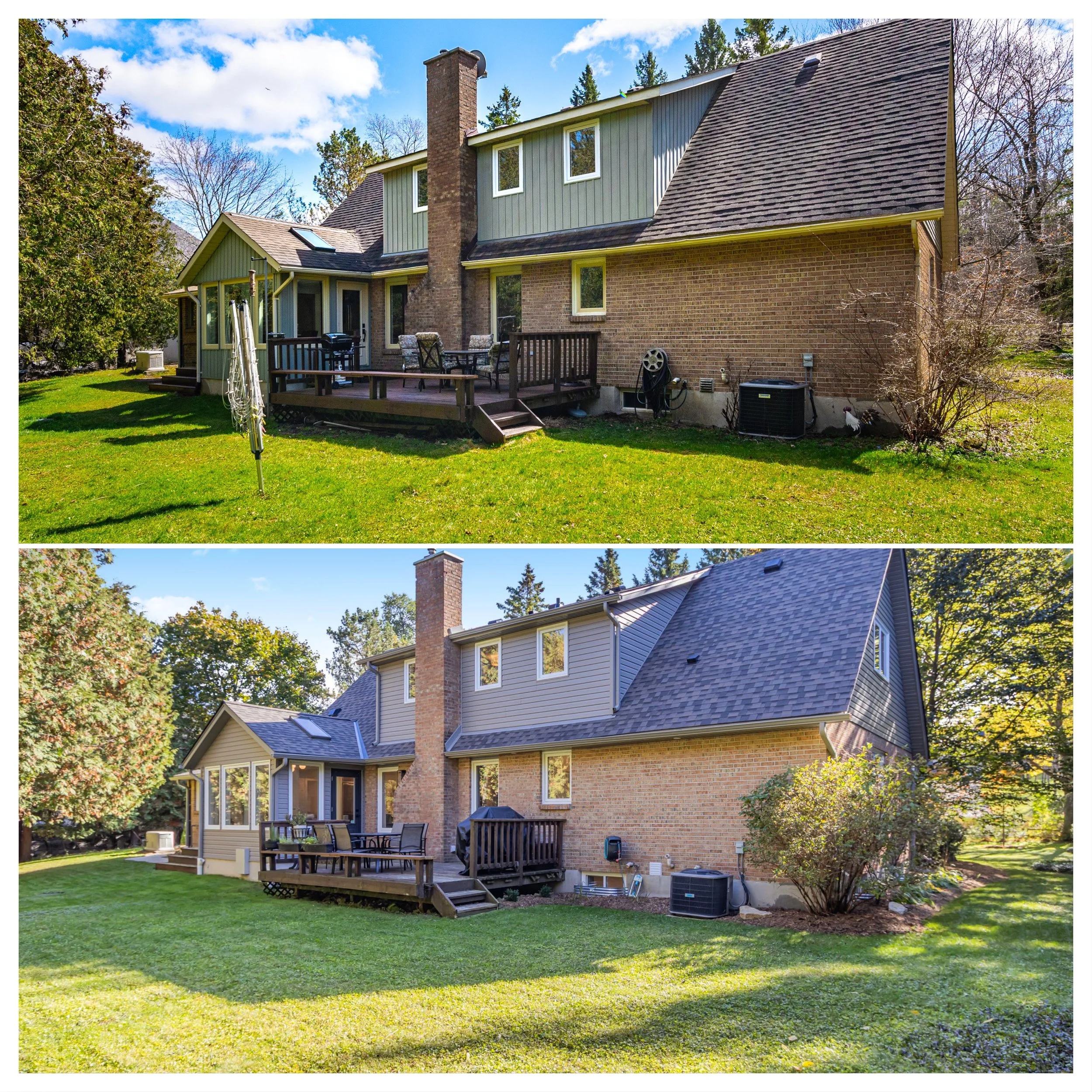 Backyard view of a two-story house with brick and siding exterior, a deck with outdoor furniture and grill, surrounded by green grass and trees, under a blue sky with some clouds.