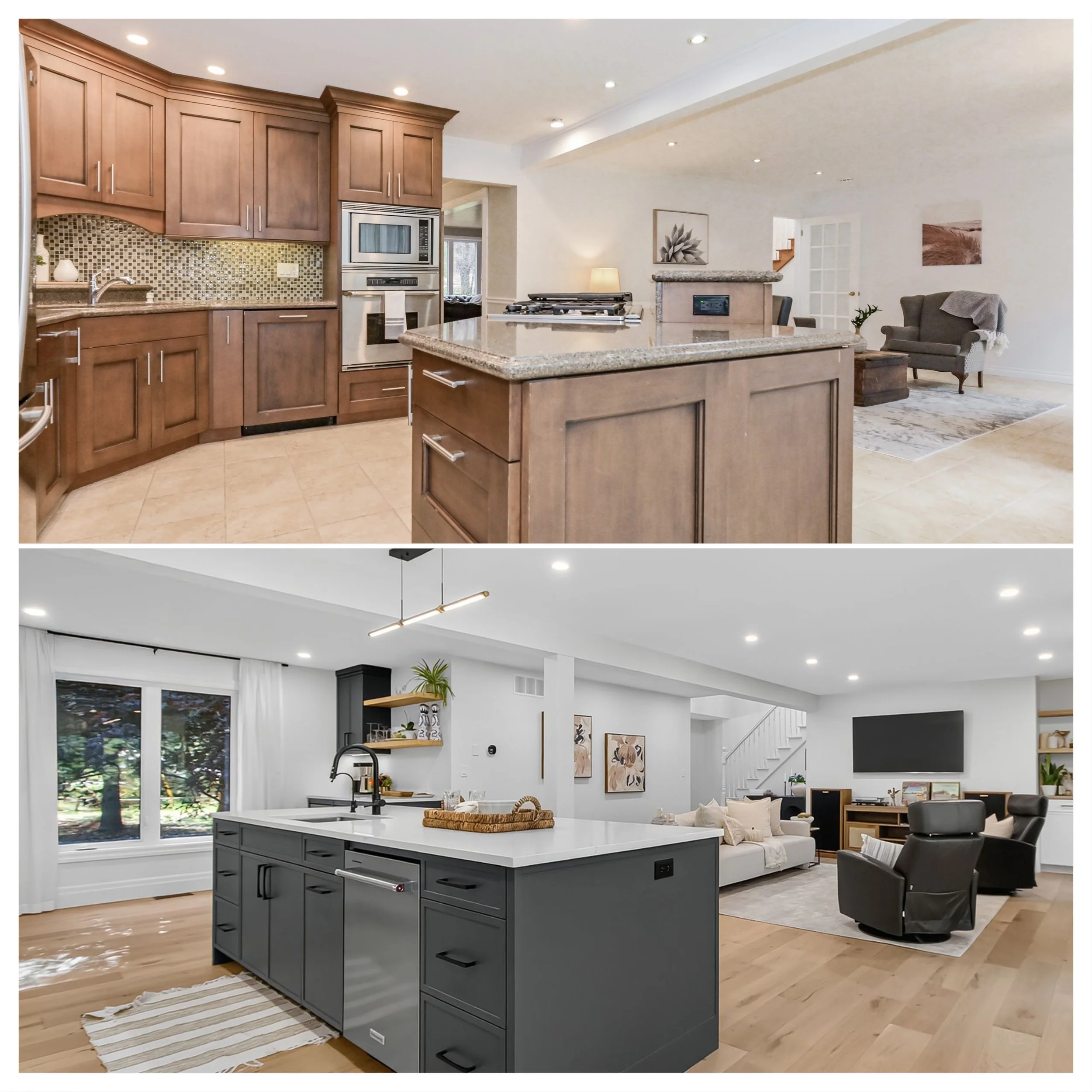 Open-concept modern kitchen and living room with island, wooden cabinetry, stainless steel appliances, and large window.