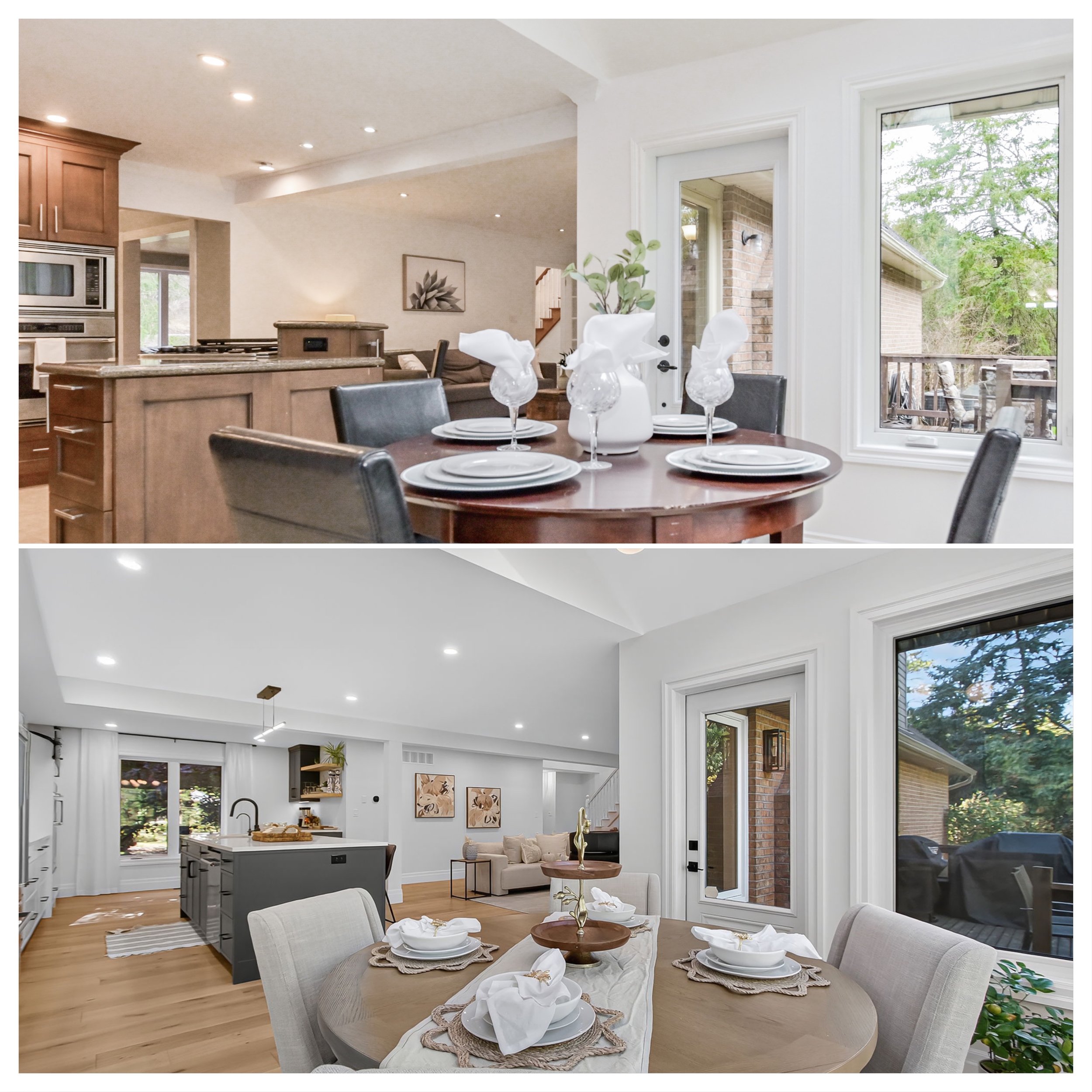 Open concept living and dining area with large windows and sliding glass door, showing a backyard with trees. The dining table is set with white plates, napkins, and glassware, surrounded by beige upholstered chairs. The kitchen island has a gray bas