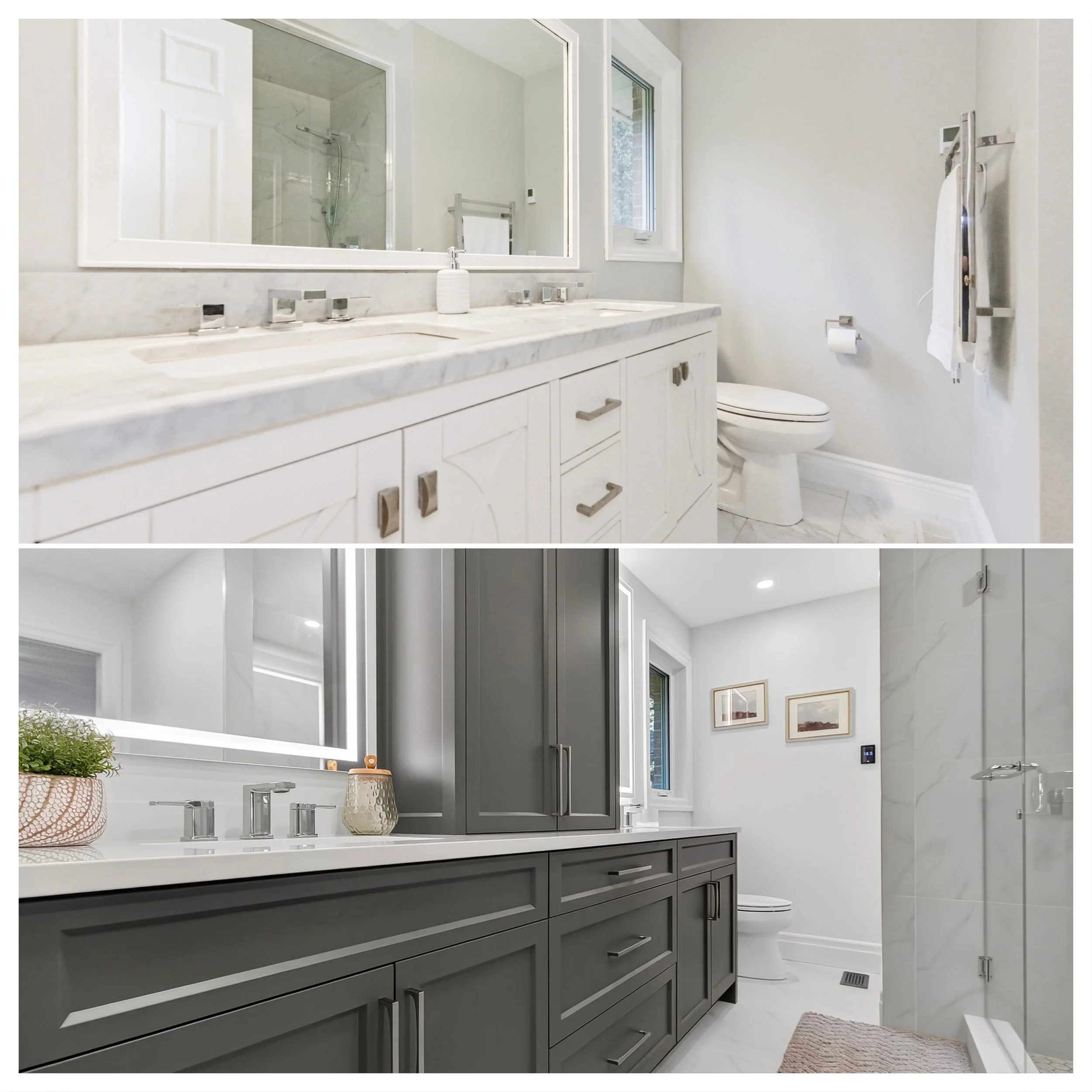 Modern bathroom with a gray vanity with multiple drawers, a white marble countertop, a large mirror, two sinks, and chrome fixtures. There is a decorative vase and plant on the counter. A window and a shower area with glass door are visible. A toilet