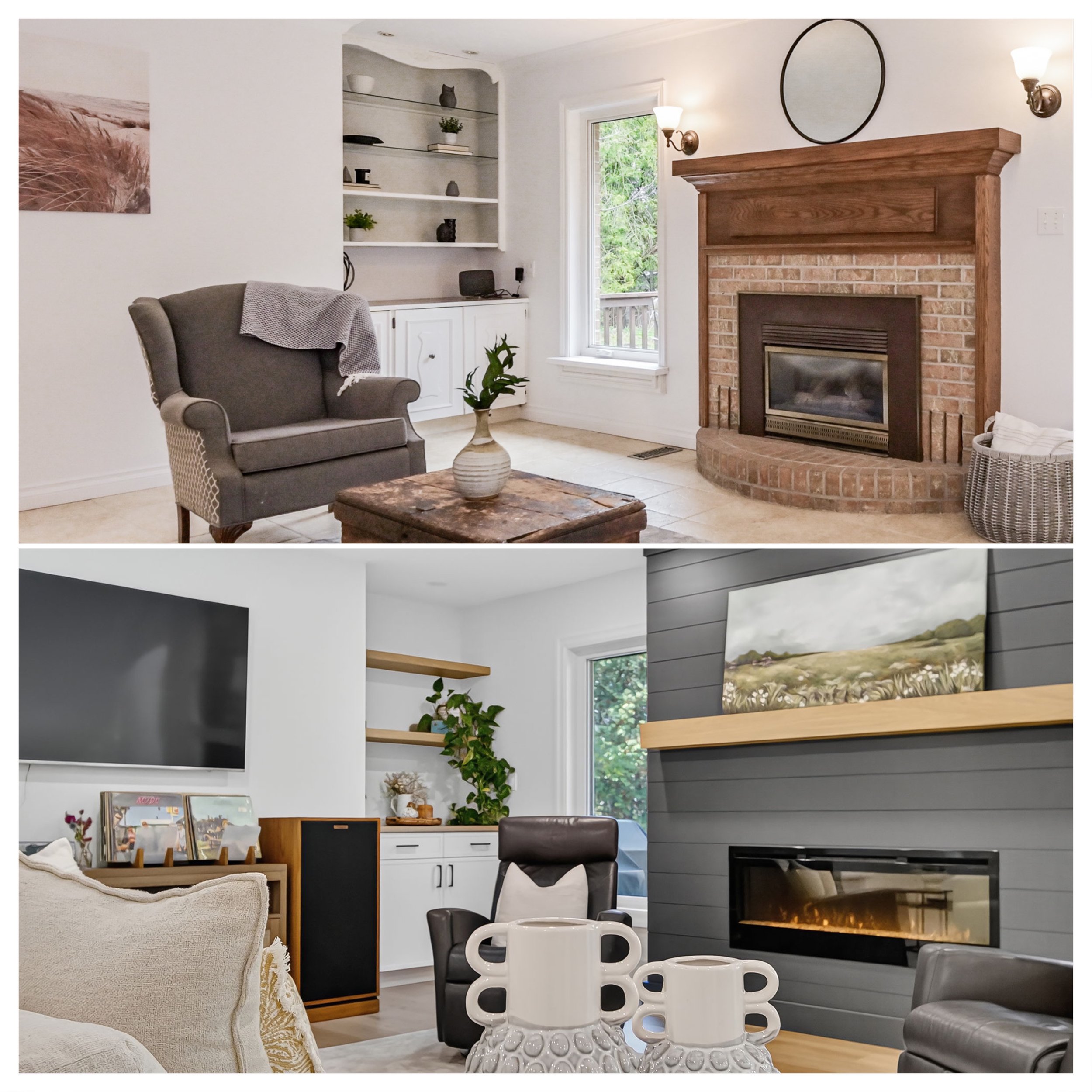 Living room with a brick fireplace, armchair, and a wall arrangement of shelves and artwork.