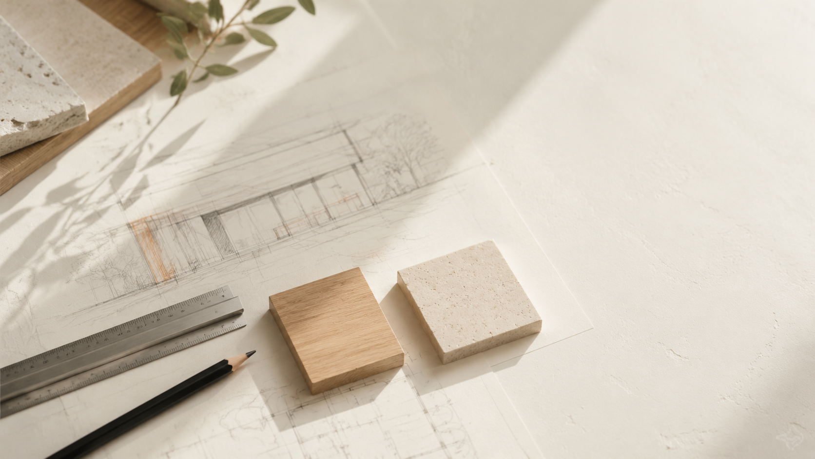 Architectural drawing on white paper with wood, stone, and greenery samples, a ruler, and pencils