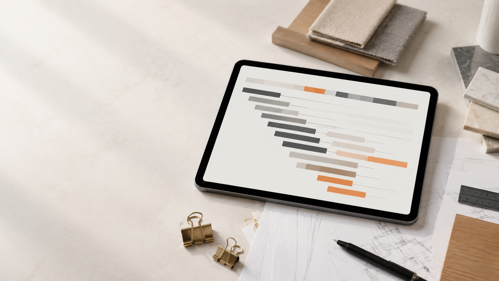Digital tablet displaying a project schedule or Gantt chart, surrounded by color samples, architectural drawings, a ruler, pen, and binder clips on a work surface.