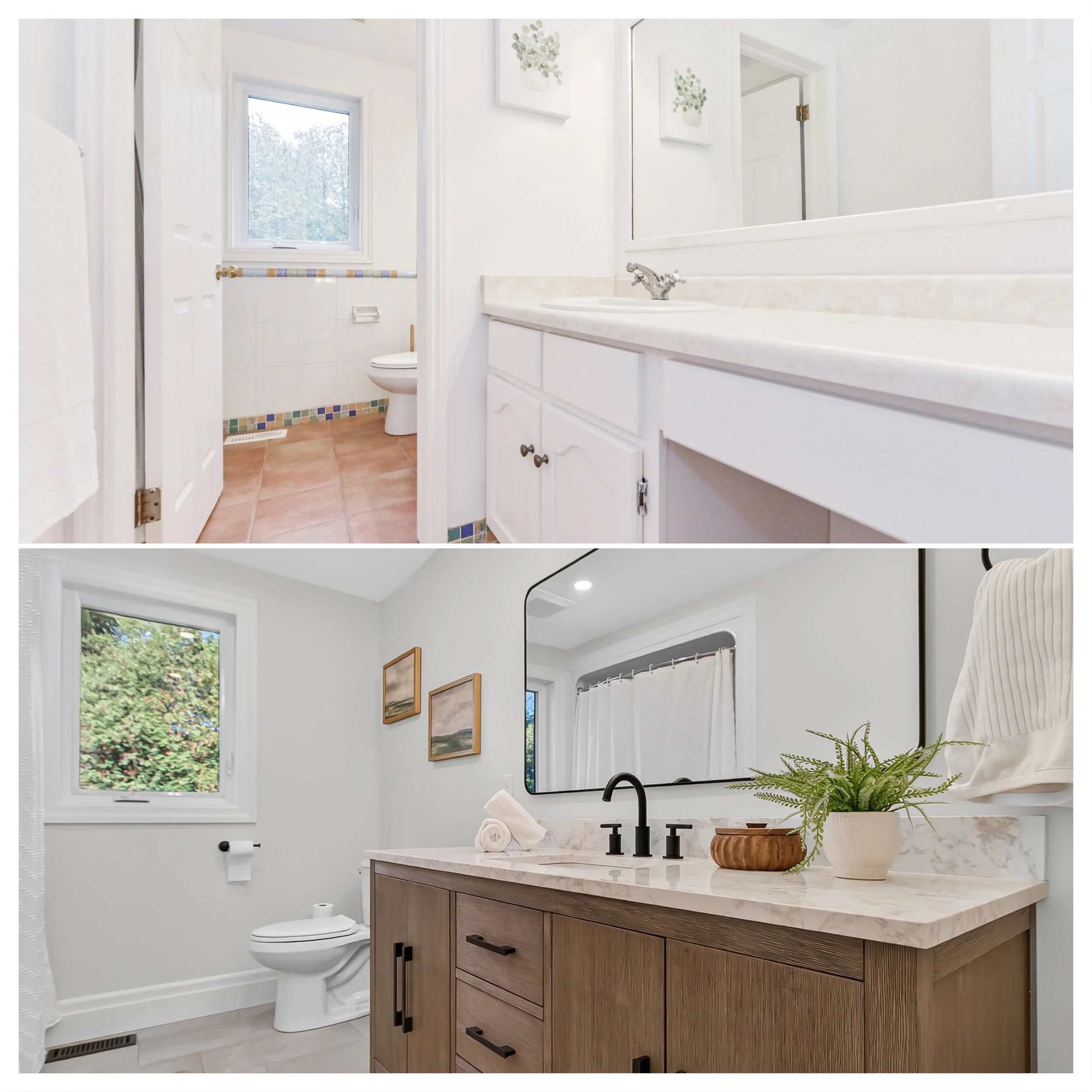 Modern bathroom with a window, white walls, a wooden vanity with a white marble countertop, and a large mirror. Decor includes a small plant and artwork about plants.