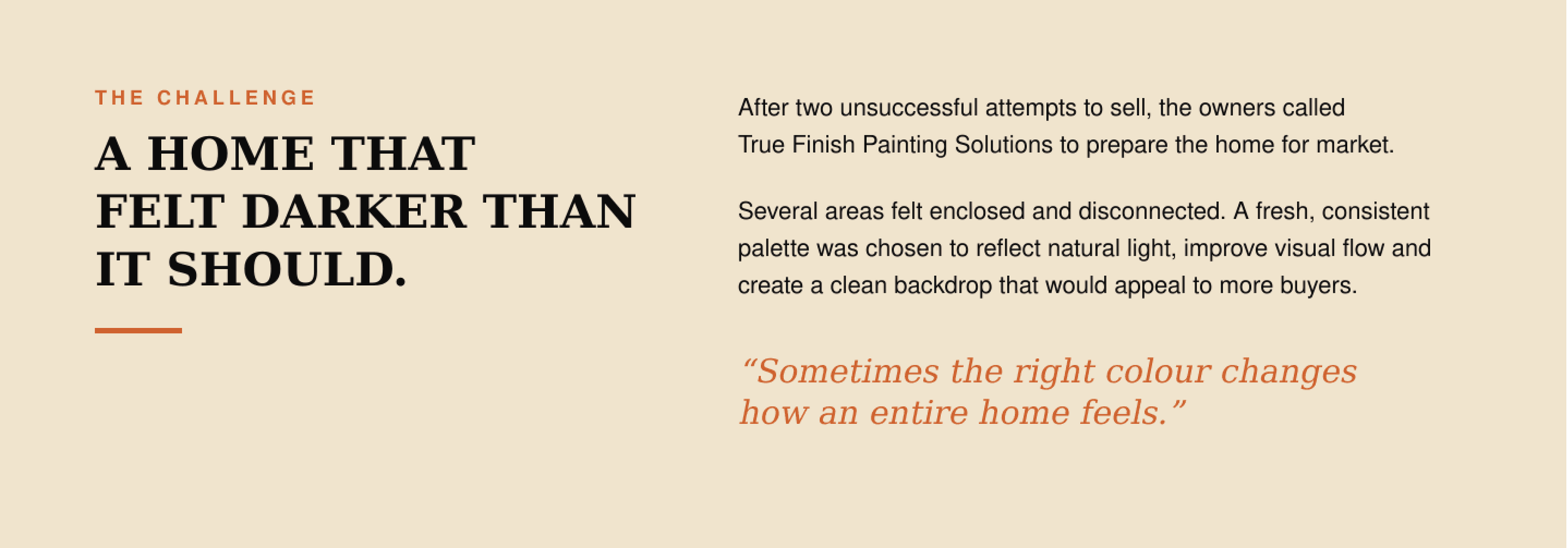 Text about home design challenges and solutions, with a quote about color changes affecting home ambiance, on a beige background.