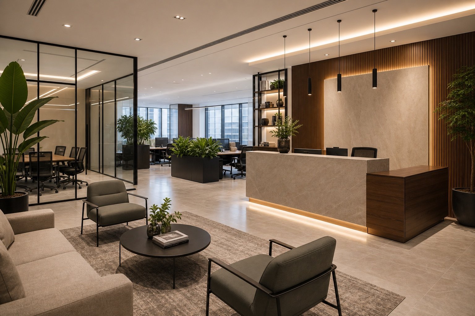 Modern and spacious office lobby with seating area, reception desk, and open workspaces with glass partitions and large windows.