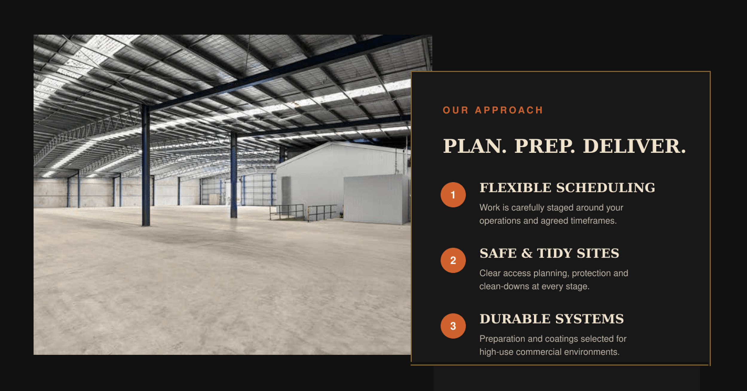 An empty industrial warehouse with a high metal ceiling, beams, and a concrete floor, alongside a section of a marketing slide with text about planning, preparation, and delivery in bold and bullet points.