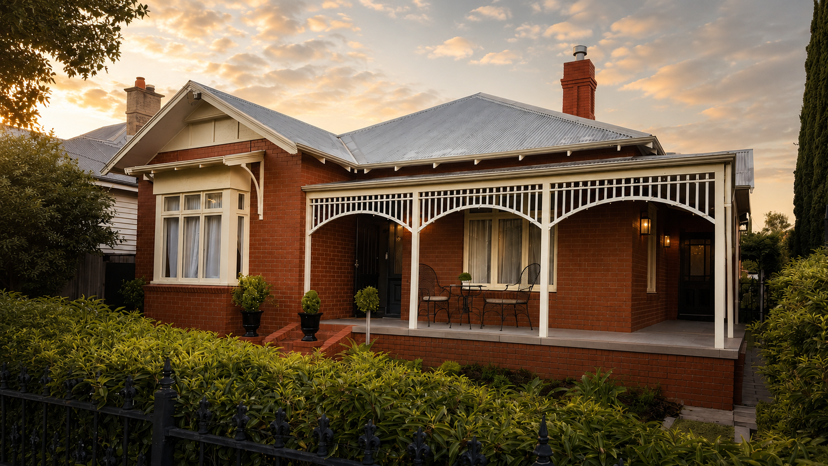 A brick house with a wrap-around porch featuring white decorative trim. The porch has two black chairs and a small table. The house is surrounded by lush greenery and a black wrought iron fence. The sky is cloudy with the sun setting, casting a warm glow.
