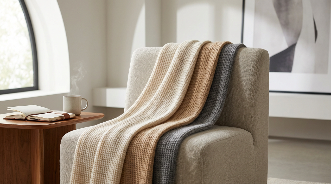 A beige armchair with three folded textured blankets in beige, camel, and gray draped over the back, next to a wooden side table with an open book and a steaming mug of coffee, in a room with a large window and abstract artwork on the wall.