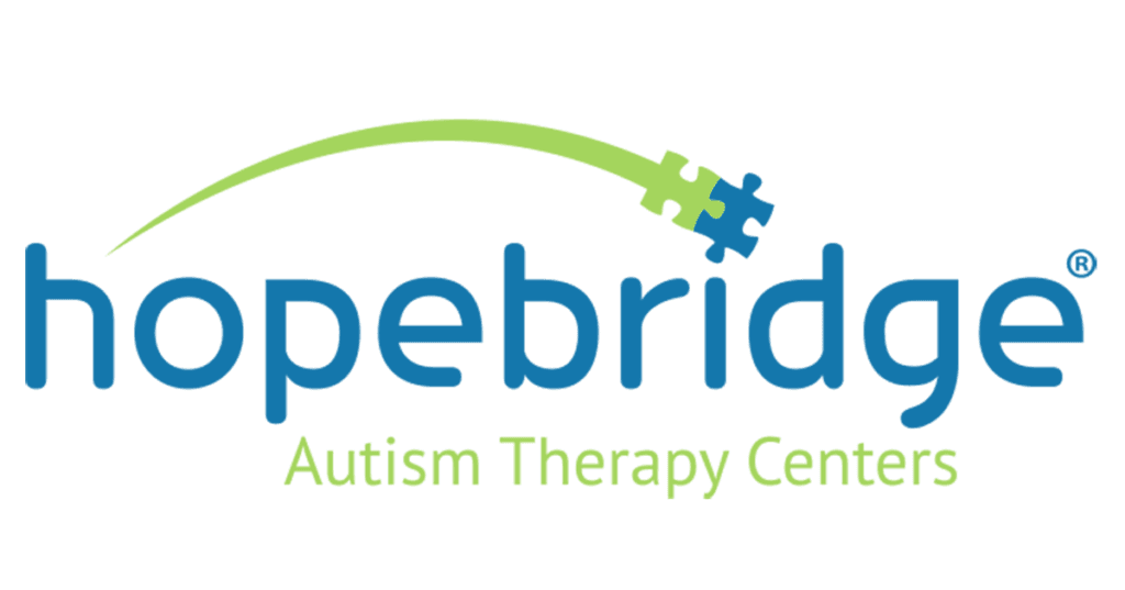 Logo for Hopebridge Autism Therapy Centers featuring a puzzle piece and curved line above the text.