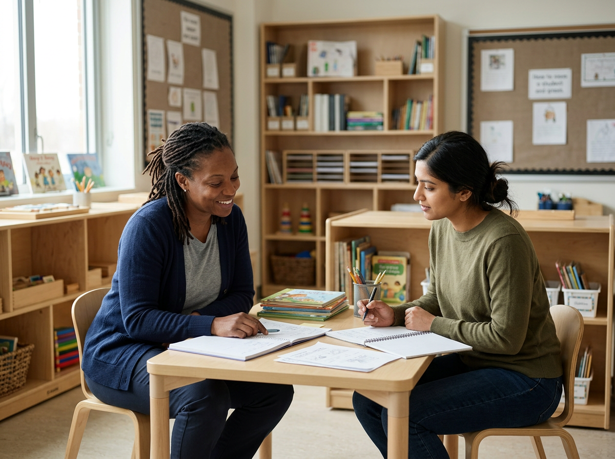 Two women sitting at a table in a classroom, engaged in conversation. The woman on the left has dreadlocks and is smiling, while the woman on the right has dark hair tied back and is writing in a notebook.