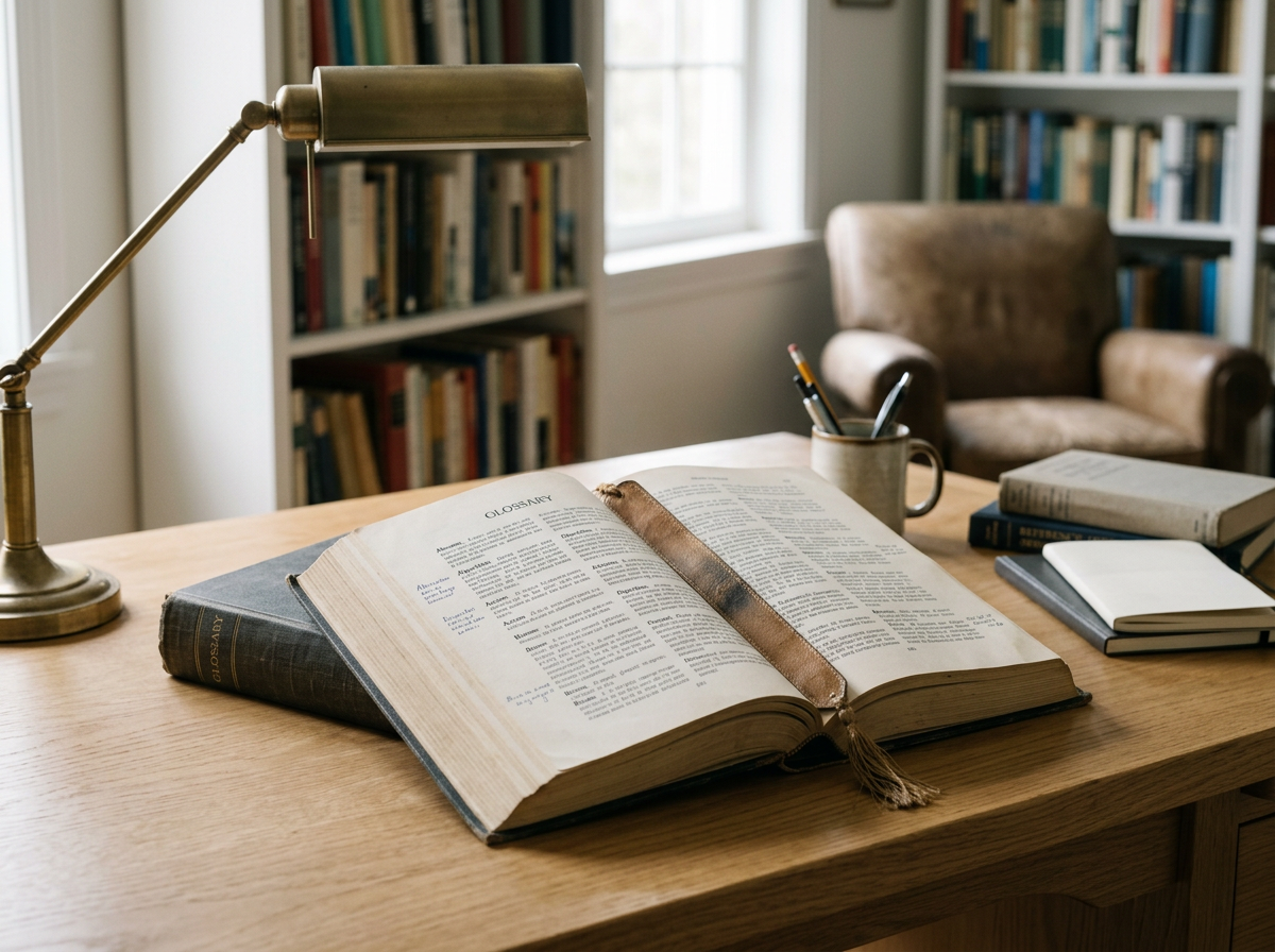 Open dictionary on a wooden desk with a leather strap, surrounded by books and a cup filled with pens and pencils, in a room with bookshelves and a window.