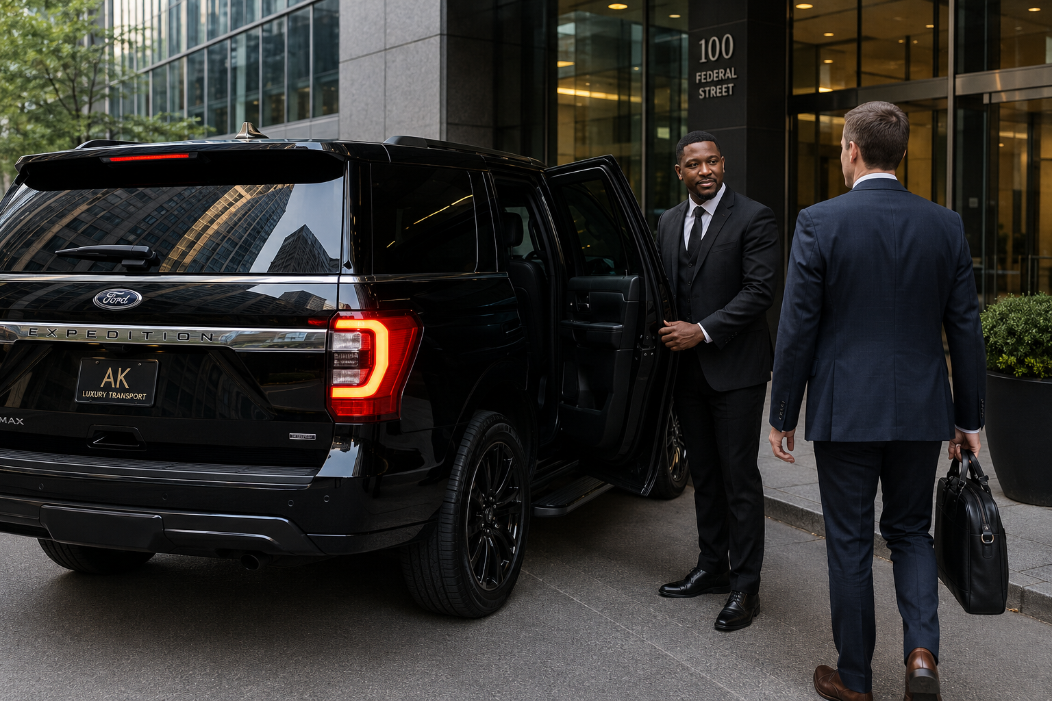 Corporate transportation
Business travelers using a black Ford Expedition luxury SUV for professional corporate transportation in Boston.