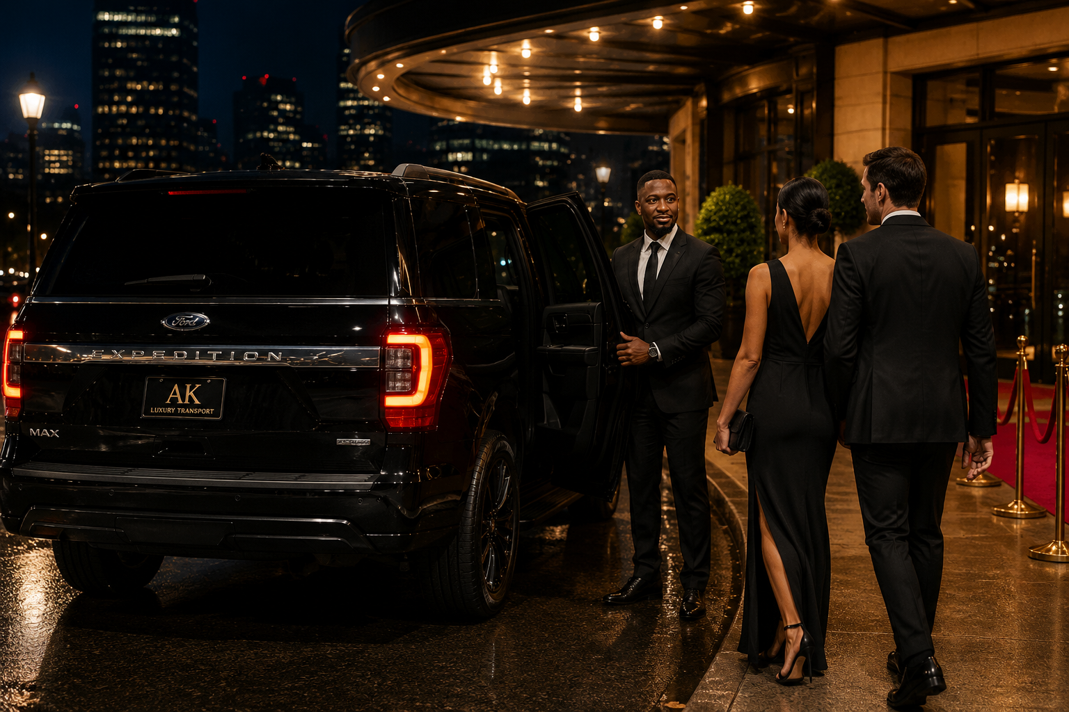 Special event transportation
Elegantly dressed passengers arriving at a special event in a black Ford Expedition luxury SUV at night.