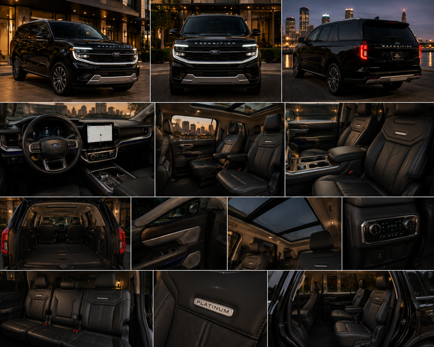 Ford Expedition interior & features
Black Ford Expedition luxury SUV with premium leather seating, spacious cargo area, panoramic sunroof, touchscreen dashboard, and comfortable passenger interior.