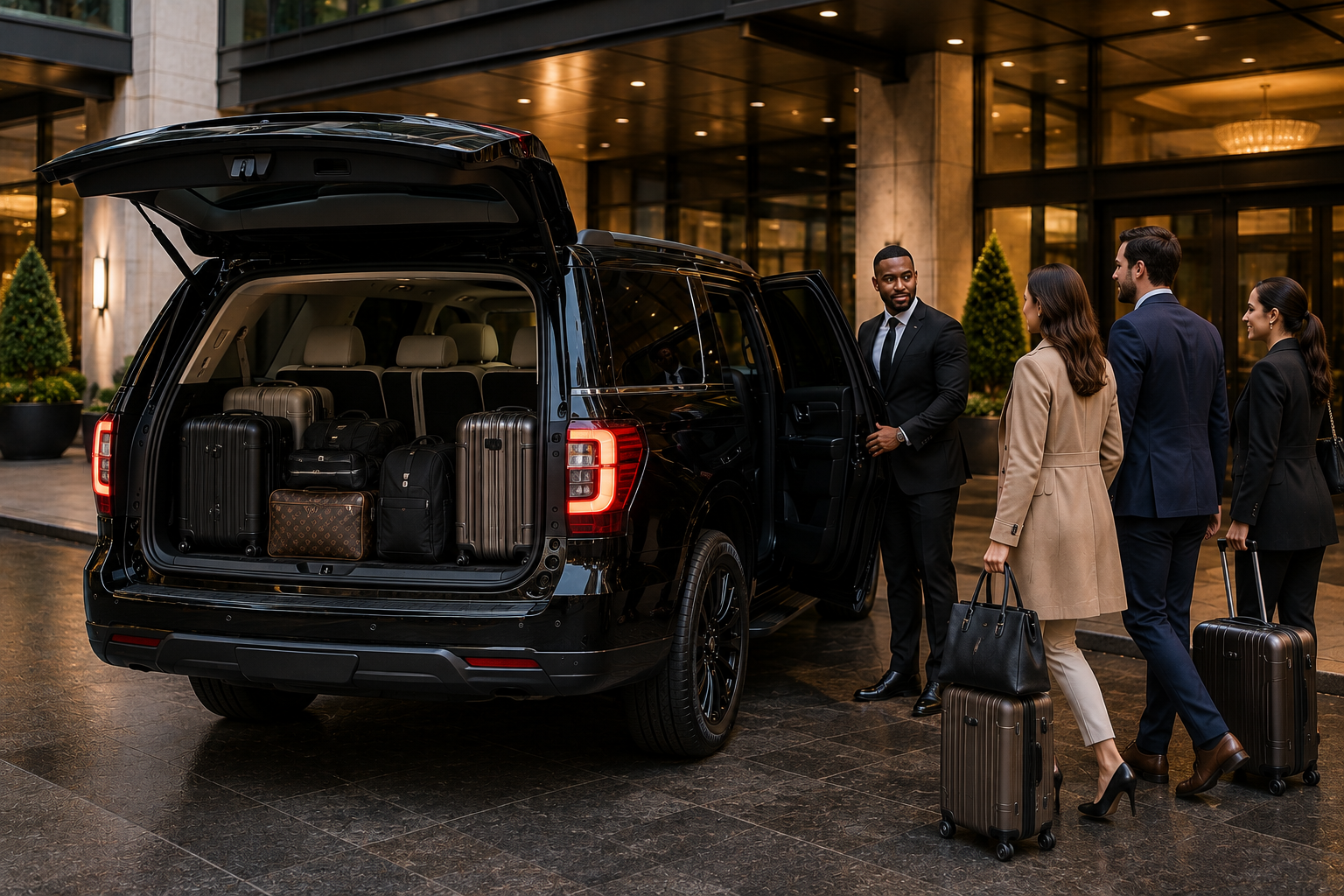 Group transportation
Group of business travelers with luggage boarding a black Ford Expedition luxury SUV outside a modern building.