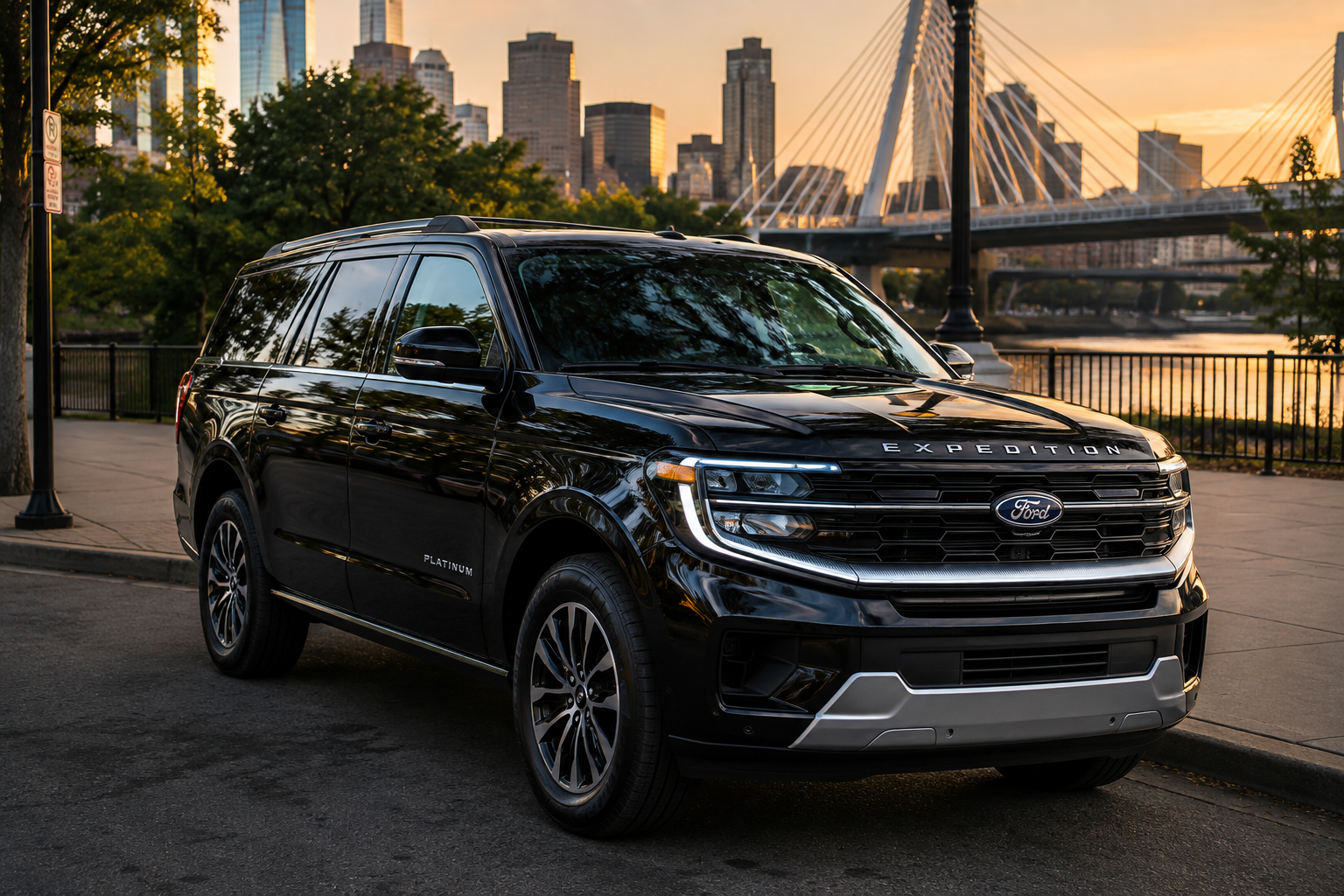 Ford Expedition exterior
Black Ford Expedition luxury SUV parked on a Boston street at sunset with the city skyline in the background.