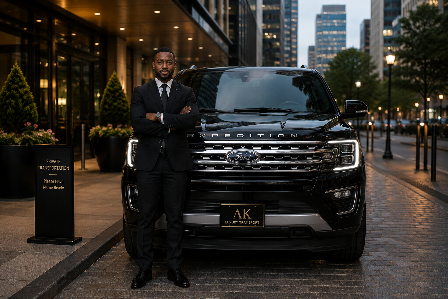 Private chauffeur service
Professional chauffeur standing beside a black Ford Expedition luxury SUV ready for a private transportation pickup in Boston.