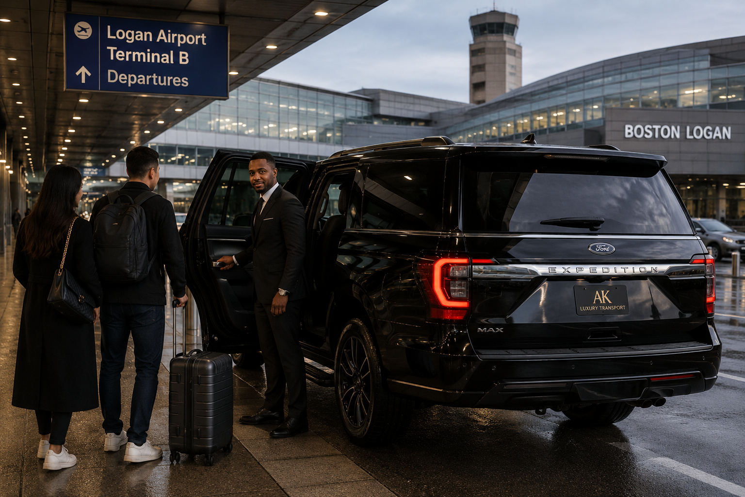 Airport transfer
Professional chauffeur assisting passengers with luggage beside a black Ford Expedition luxury SUV at Boston Logan International Airport.