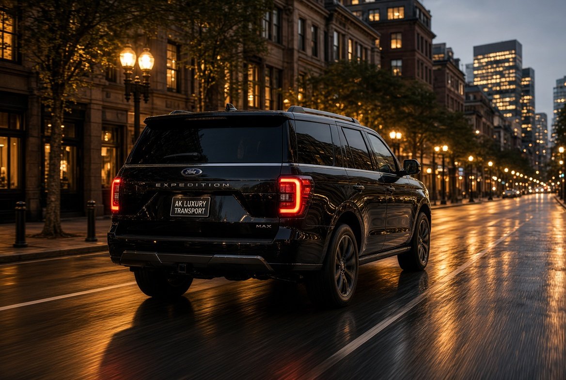 SUV driving in Boston
Black Ford Expedition luxury SUV providing private transportation on a Boston city street at dusk.